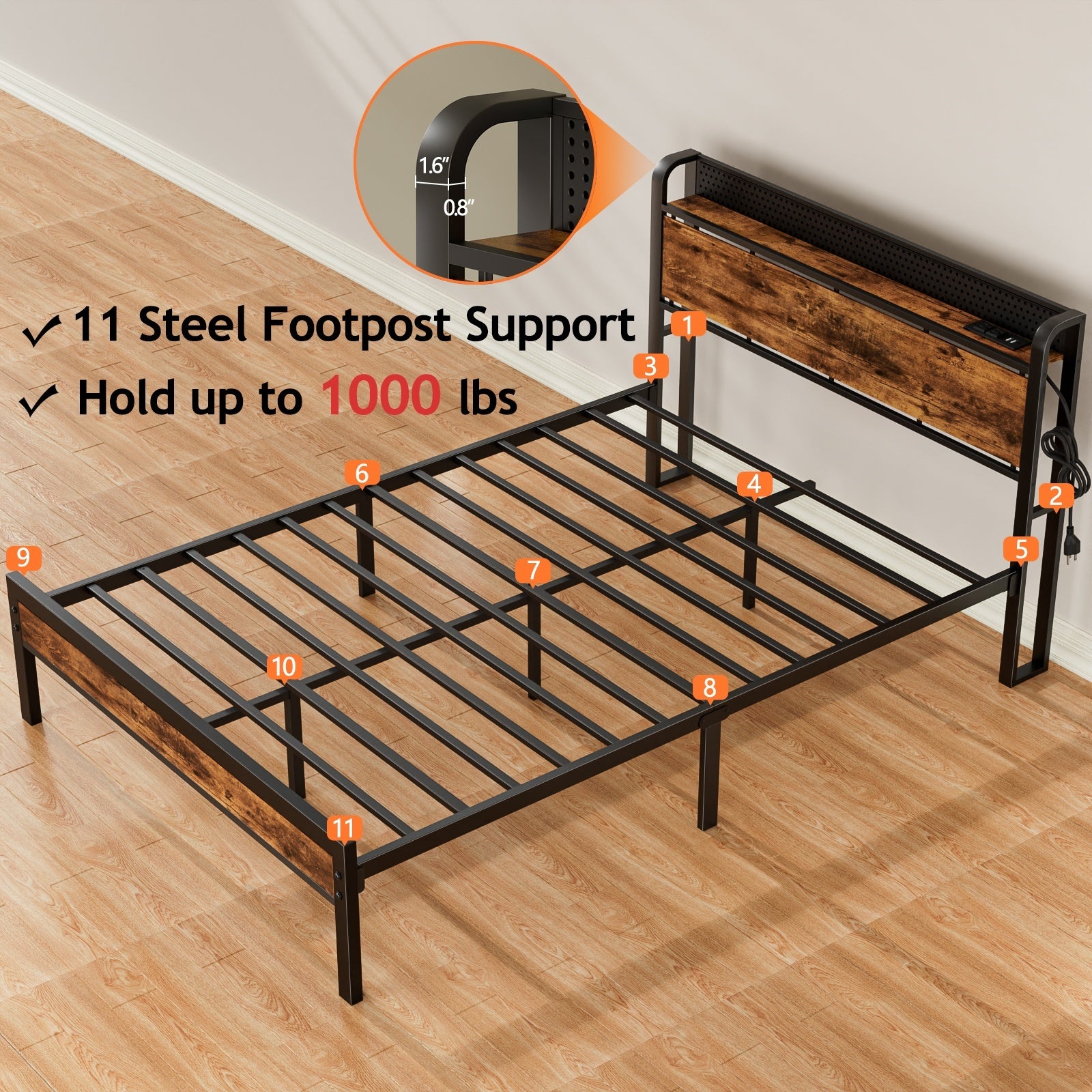 Furnulem Bed Frame with Charging Station and LED Lights,Industrial Platform Beds Queen Size with Storage Headboard,USB Port,Rustic Wood and Strong Metal Support,No Box Spring Needed, Noise Free