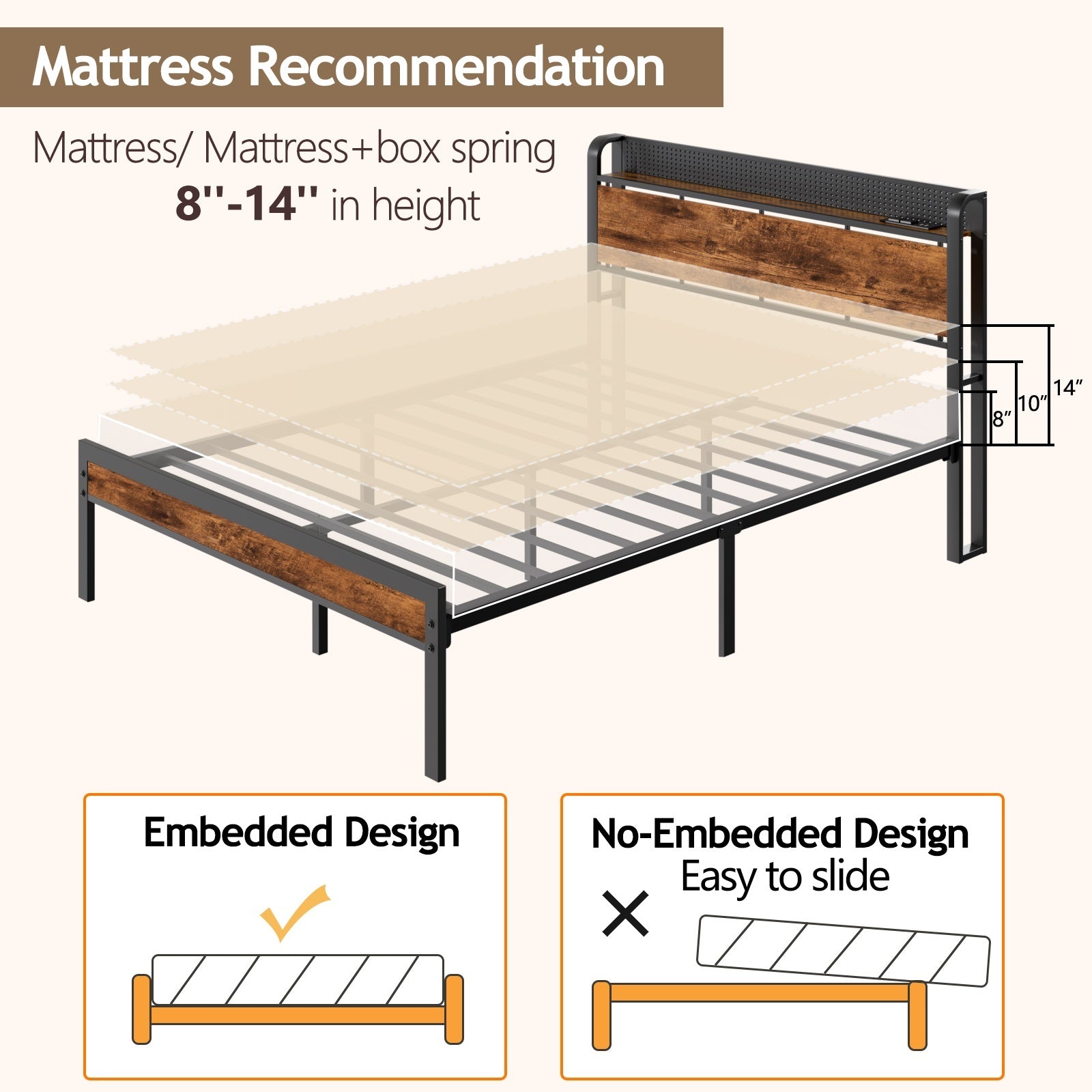 Furnulem Bed Frame with Charging Station and LED Lights,Industrial Platform Beds Queen Size with Storage Headboard,USB Port,Rustic Wood and Strong Metal Support,No Box Spring Needed, Noise Free
