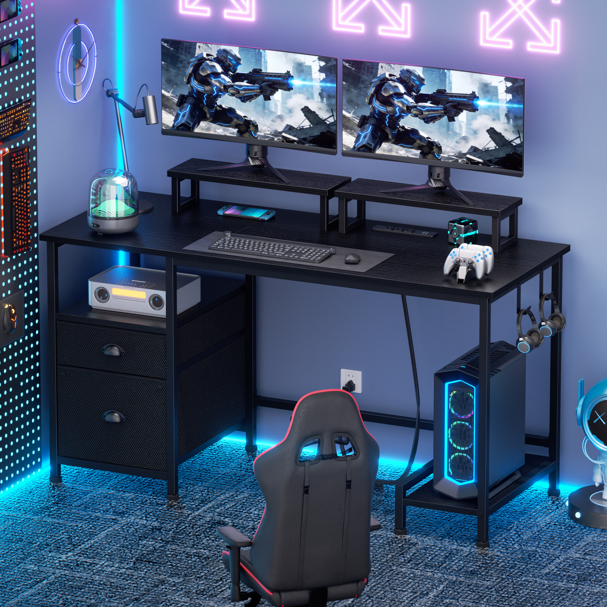 47 Inch Black Computer Desk with Charging Station File Cabinet Home Office Gaming Desk 2 Monitor Stands Storage Drawer Shelves Writing Table Bedroom