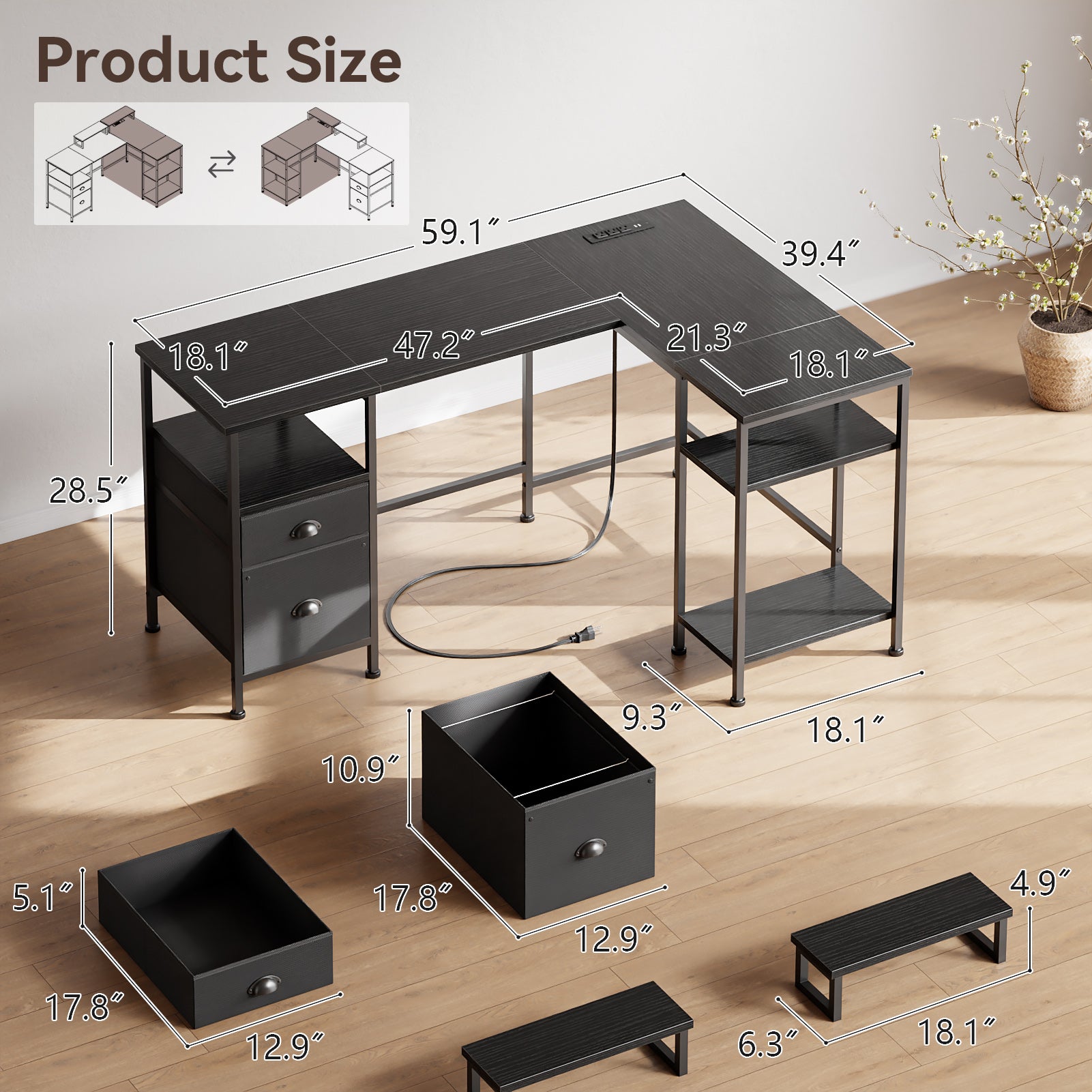 59 Inch Black L Shaped Computer Desk with Charging Station Reversible Corner Gaming Desk File Cabinet Monitor Stand Storage Home Office Workstation