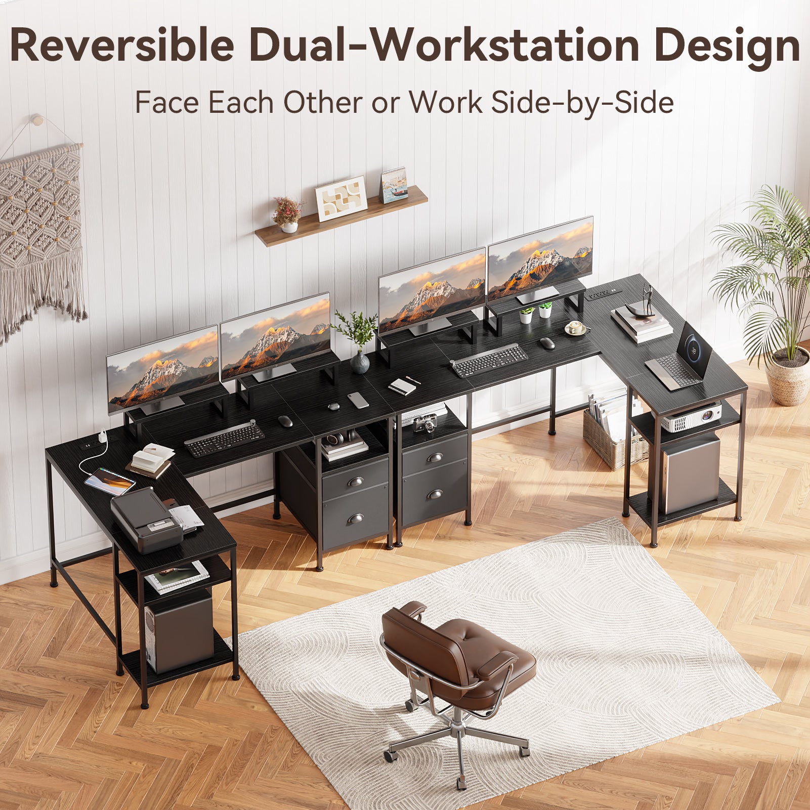 59 Inch Black L Shaped Computer Desk with Charging Station Reversible Corner Gaming Desk File Cabinet Monitor Stand Storage Home Office Workstation