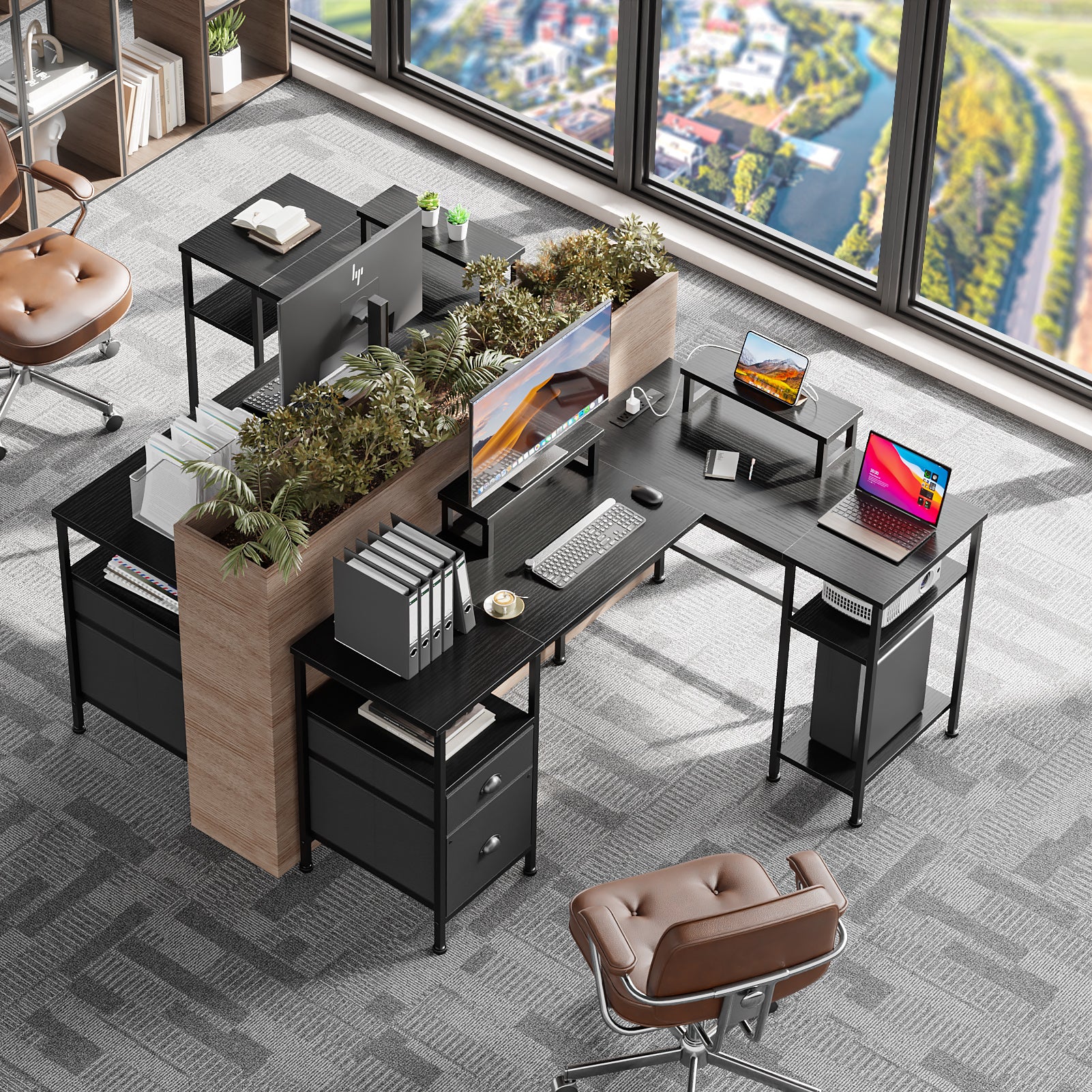 59 Inch Black L Shaped Computer Desk with Charging Station Reversible Corner Gaming Desk File Cabinet Monitor Stand Storage Home Office Workstation