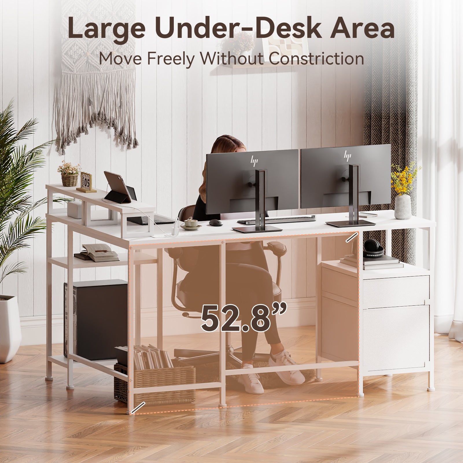 59 Inch White L Shaped Computer Desk with Charging Station Reversible Corner Gaming Desk File Cabinet Monitor Stand Storage Home Office Workstation