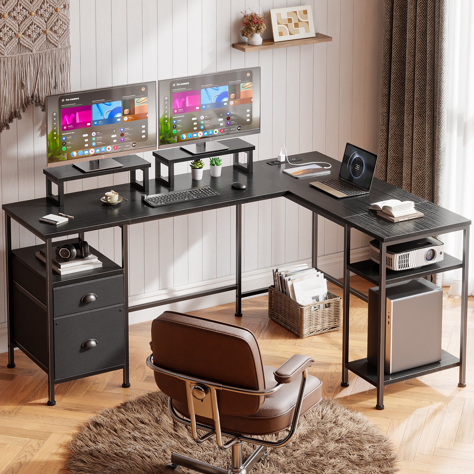 66 Inch Black L Shaped Computer Desk with Charging Station Reversible Corner Gaming Desk File Cabinet Monitor Stand Storage Home Office Workstation