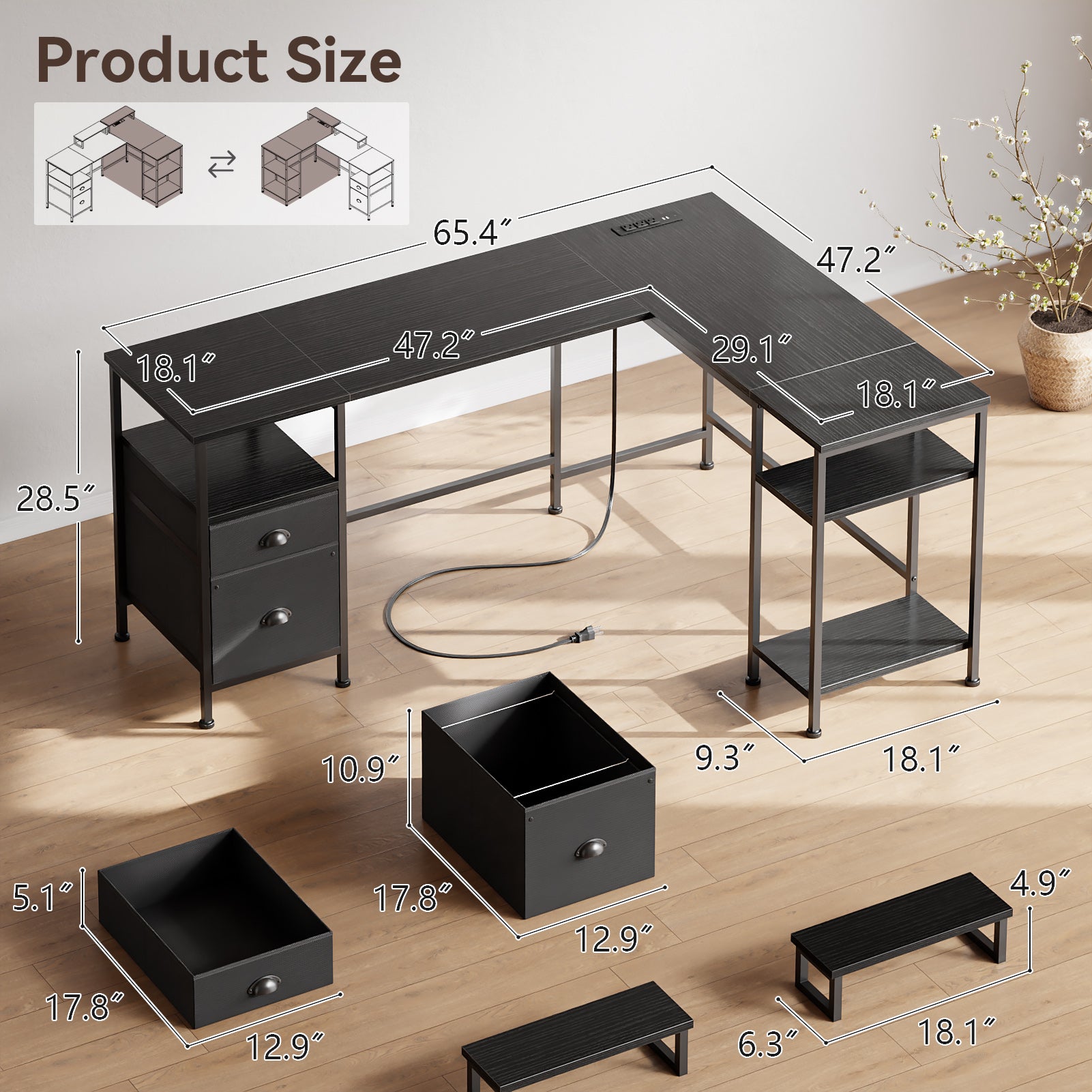 66 Inch Black L Shaped Computer Desk with Charging Station Reversible Corner Gaming Desk File Cabinet Monitor Stand Storage Home Office Workstation