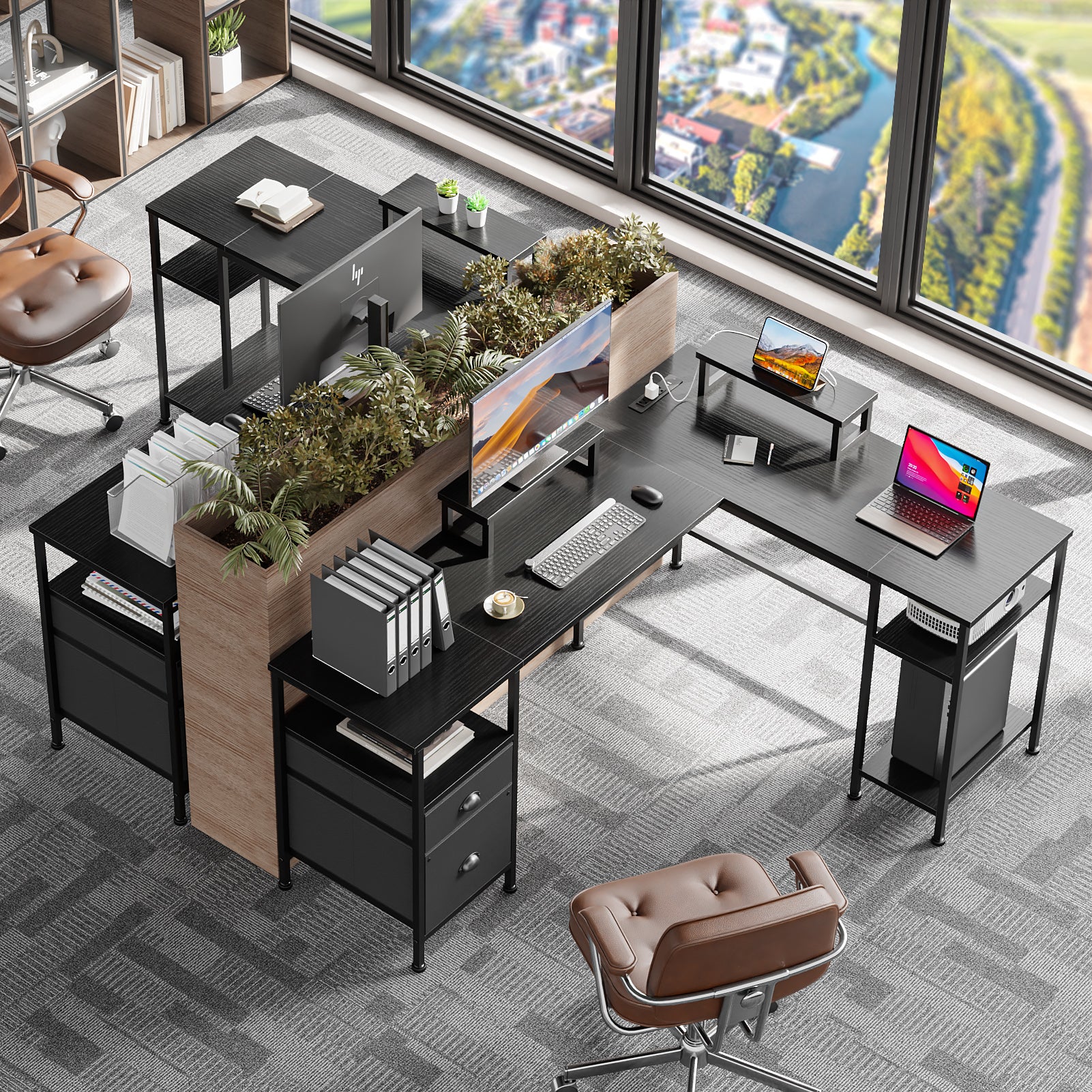 66 Inch Black L Shaped Computer Desk with Charging Station Reversible Corner Gaming Desk File Cabinet Monitor Stand Storage Home Office Workstation