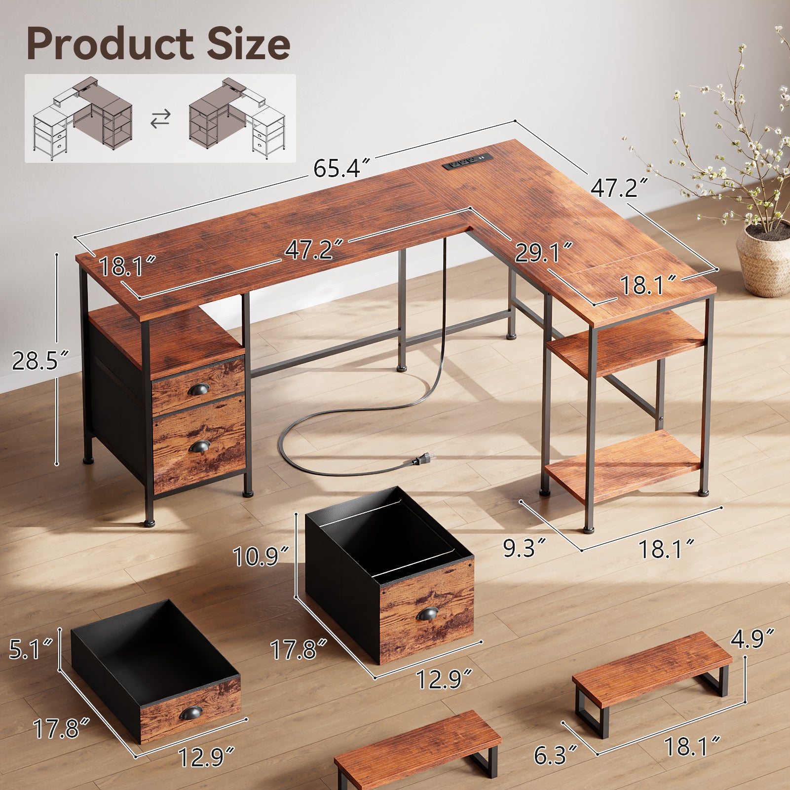 66 Inch Brown L Shaped Computer Desk with Charging Station Reversible Corner Gaming Desk File Cabinet Monitor Stand Storage Home Office Workstation