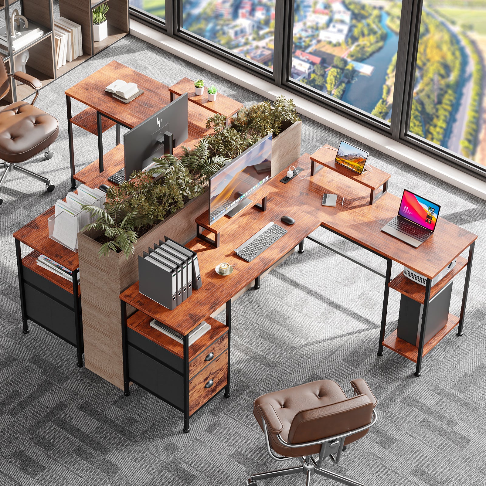 66 Inch Brown L Shaped Computer Desk with Charging Station Reversible Corner Gaming Desk File Cabinet Monitor Stand Storage Home Office Workstation