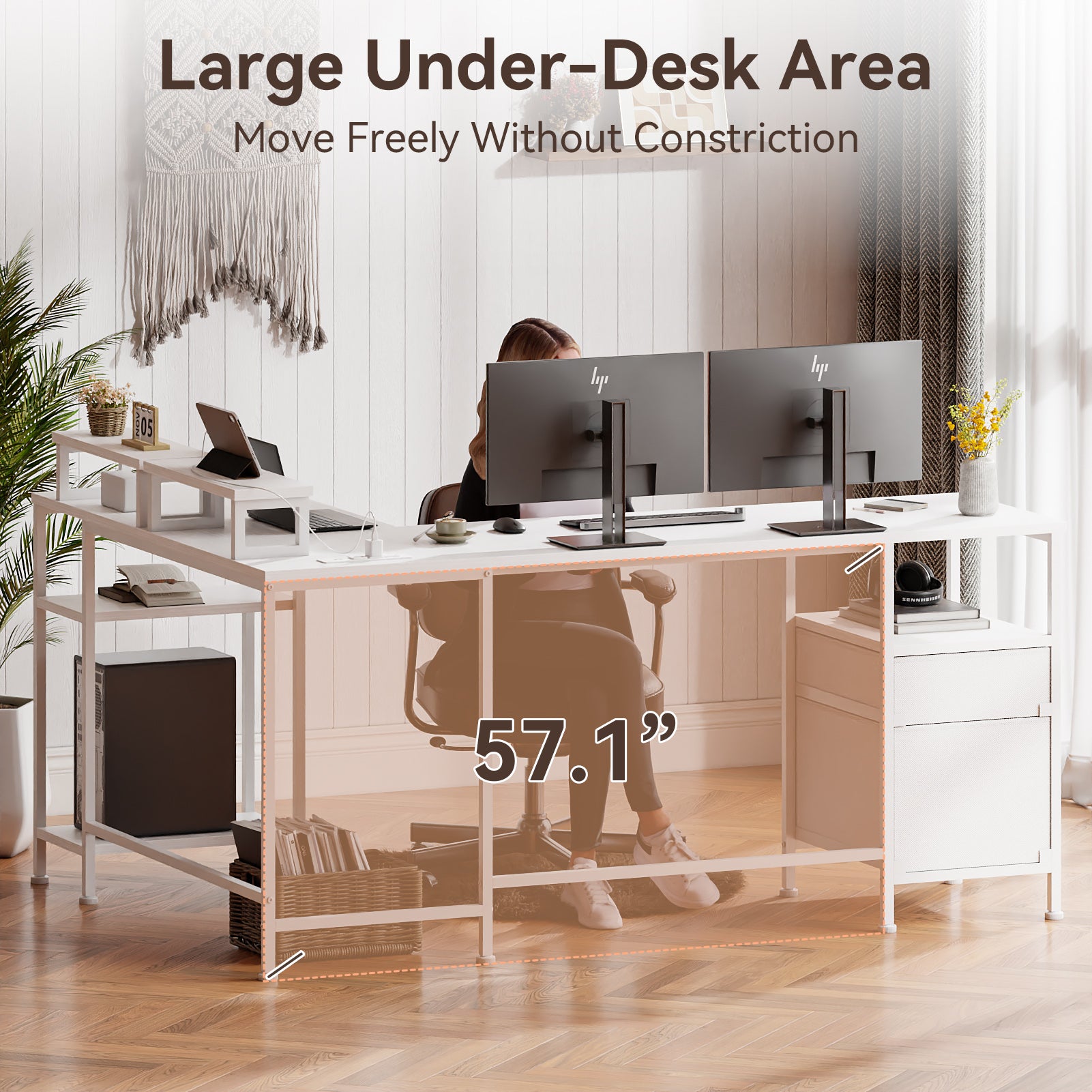 66 Inch White L Shaped Computer Desk with Charging Station Reversible Corner Gaming Desk File Cabinet Monitor Stand Storage Home Office Workstation