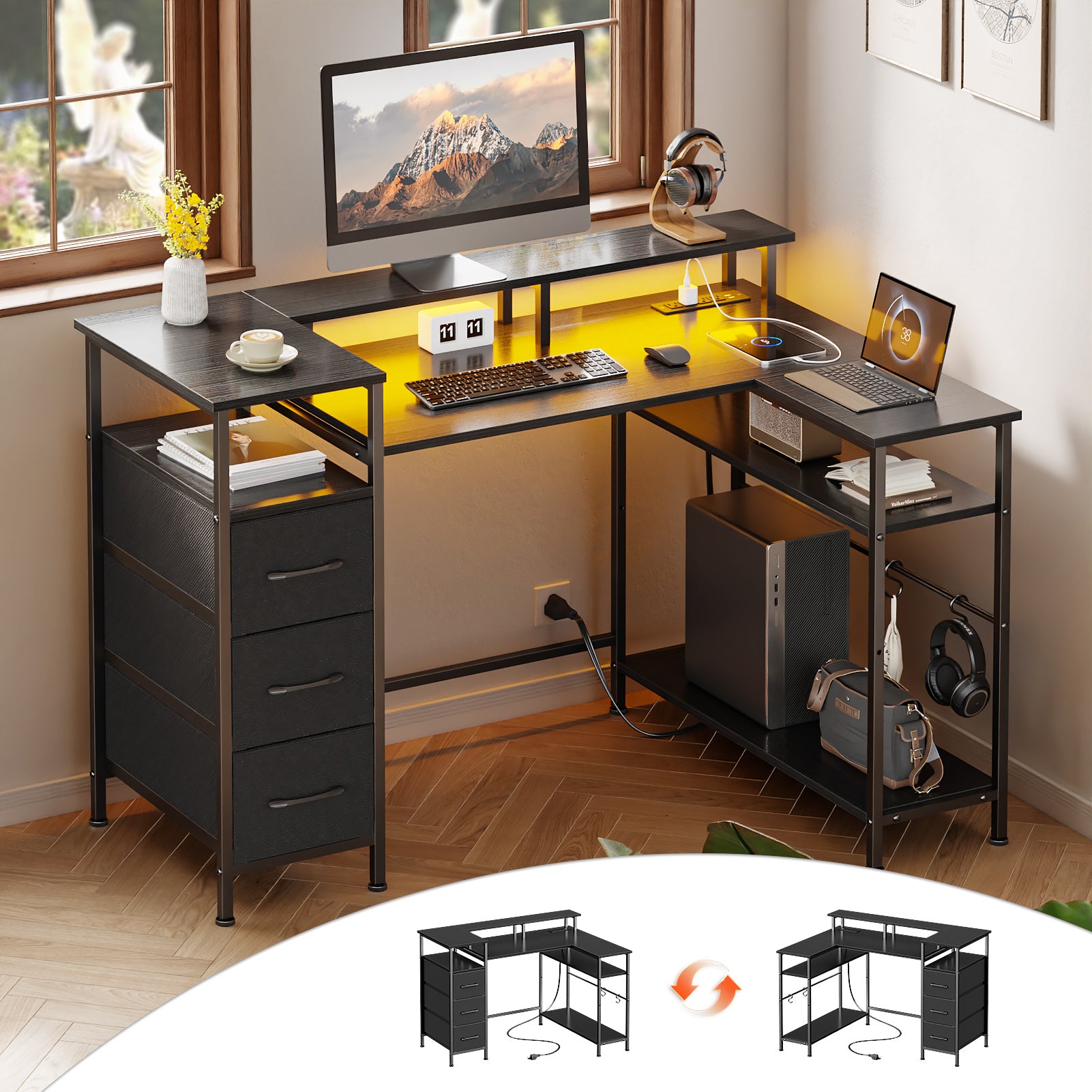 47 Inch Black L Shaped Computer Desk with Charging Station Reversible Gaming Desk LED Lights File Cabinet Monitor Stand Storage Shelves Home Office