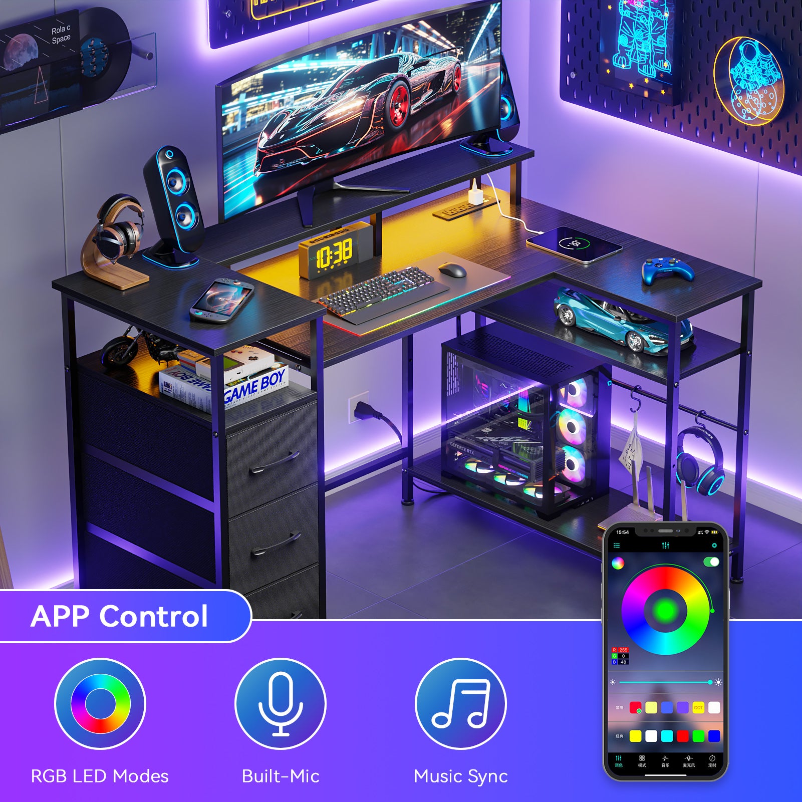 47 Inch Black L Shaped Computer Desk with Charging Station Reversible Gaming Desk LED Lights File Cabinet Monitor Stand Storage Shelves Home Office