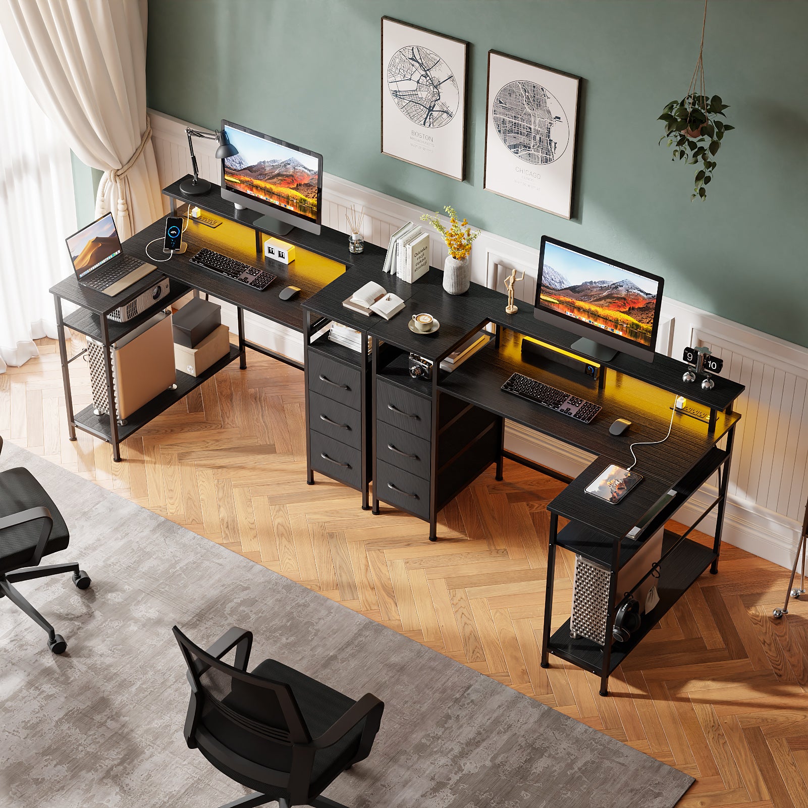 47 Inch Black L Shaped Computer Desk with Charging Station Reversible Gaming Desk LED Lights File Cabinet Monitor Stand Storage Shelves Home Office