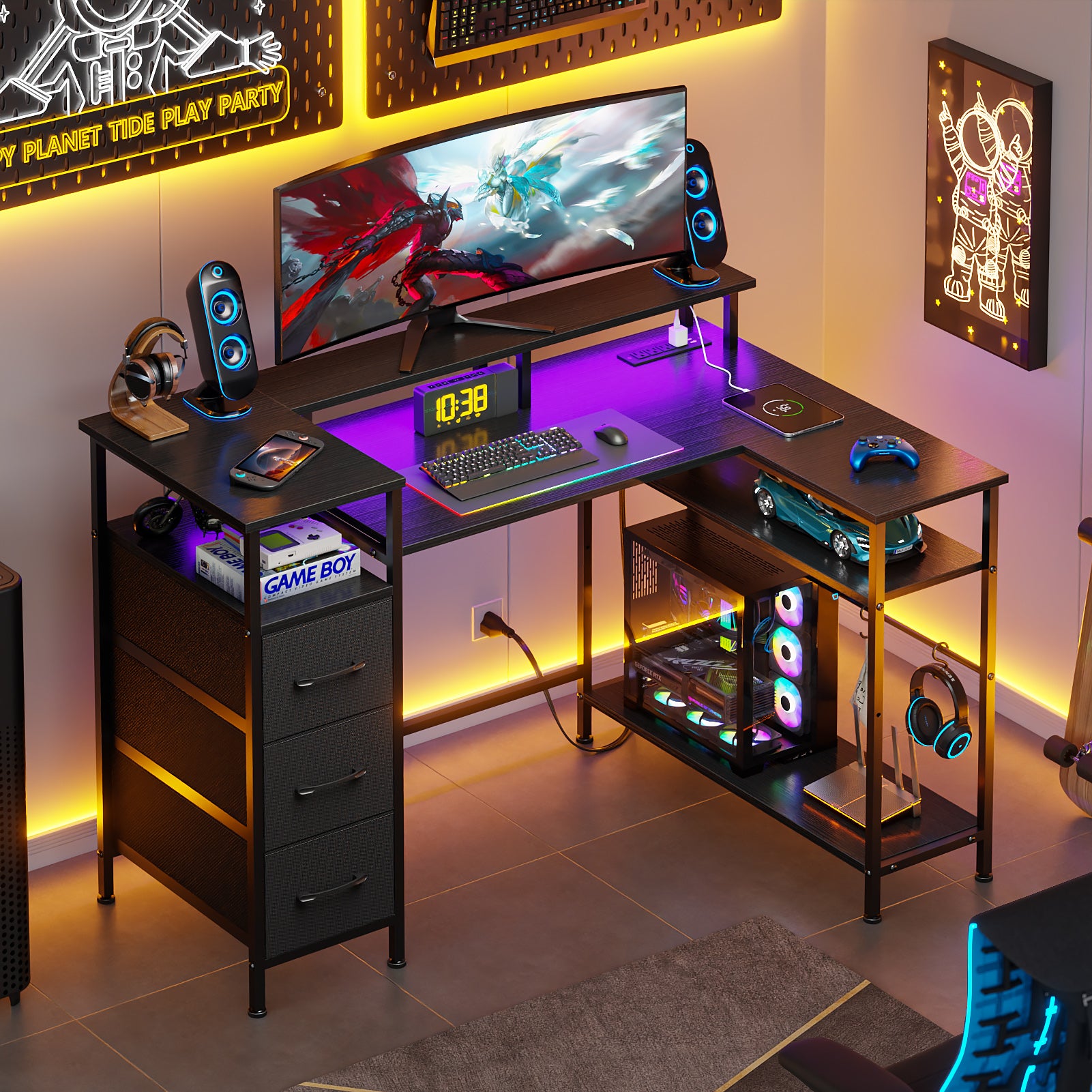 47 Inch Black L Shaped Computer Desk with Charging Station Reversible Gaming Desk LED Lights File Cabinet Monitor Stand Storage Shelves Home Office