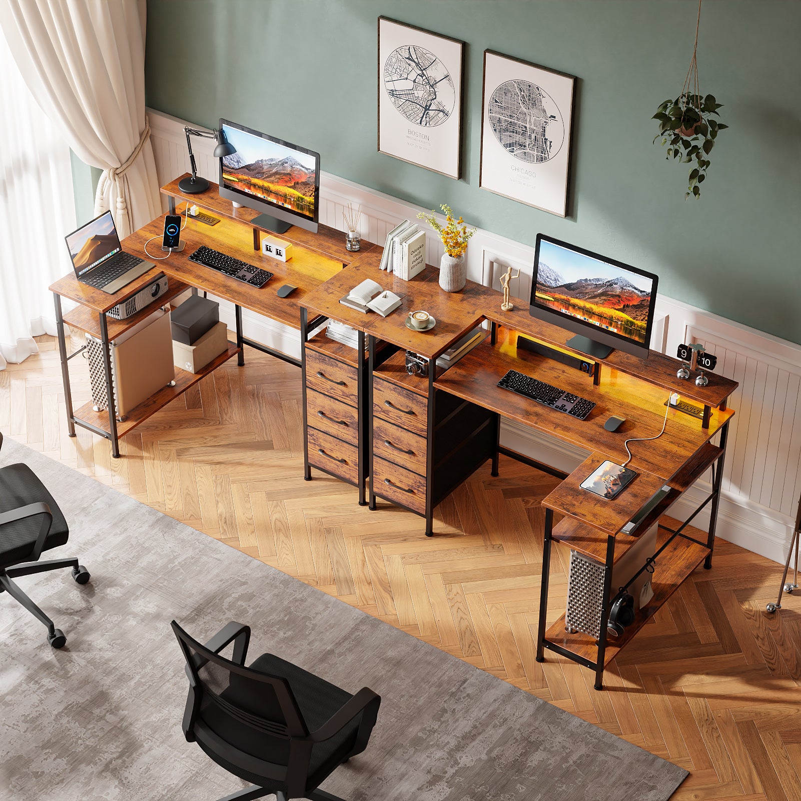 47 Inch Brown L Shaped Computer Desk with Charging Station Reversible Gaming Desk LED Lights File Cabinet Monitor Stand Storage Shelves Home Office