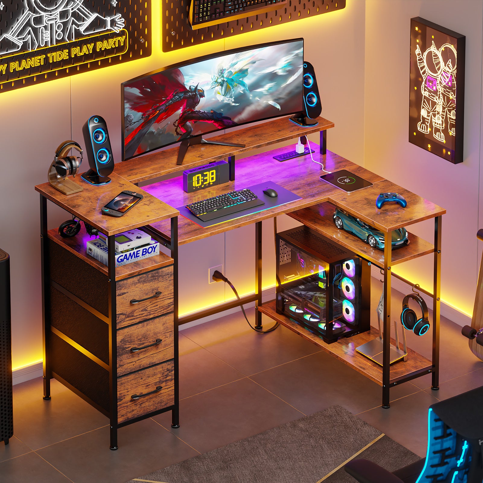 47 Inch Brown L Shaped Computer Desk with Charging Station Reversible Gaming Desk LED Lights File Cabinet Monitor Stand Storage Shelves Home Office