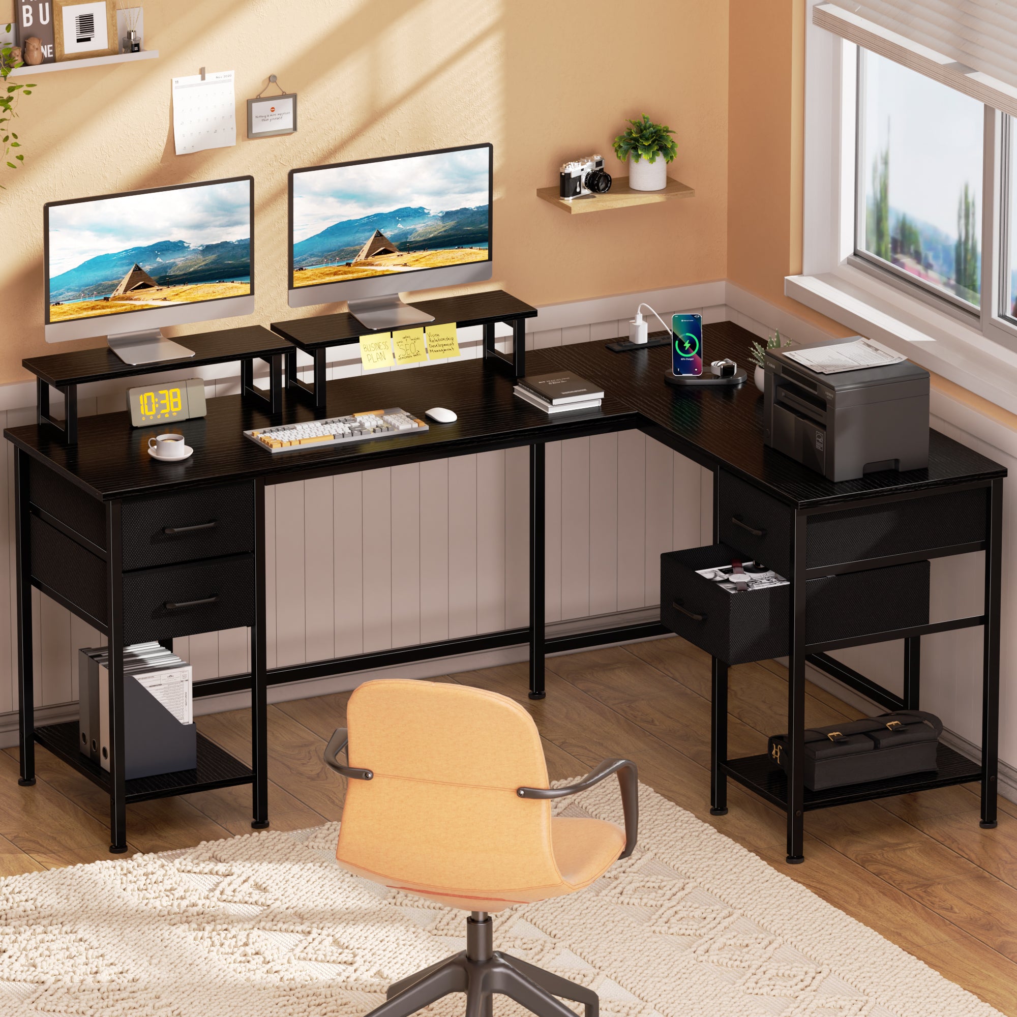 Qwatto 59 Inch Black L Shaped Computer Desk with Charging Station Two Person Gaming Desk 4 Drawers 2 Monitor Stands Home Office Corner Workstation