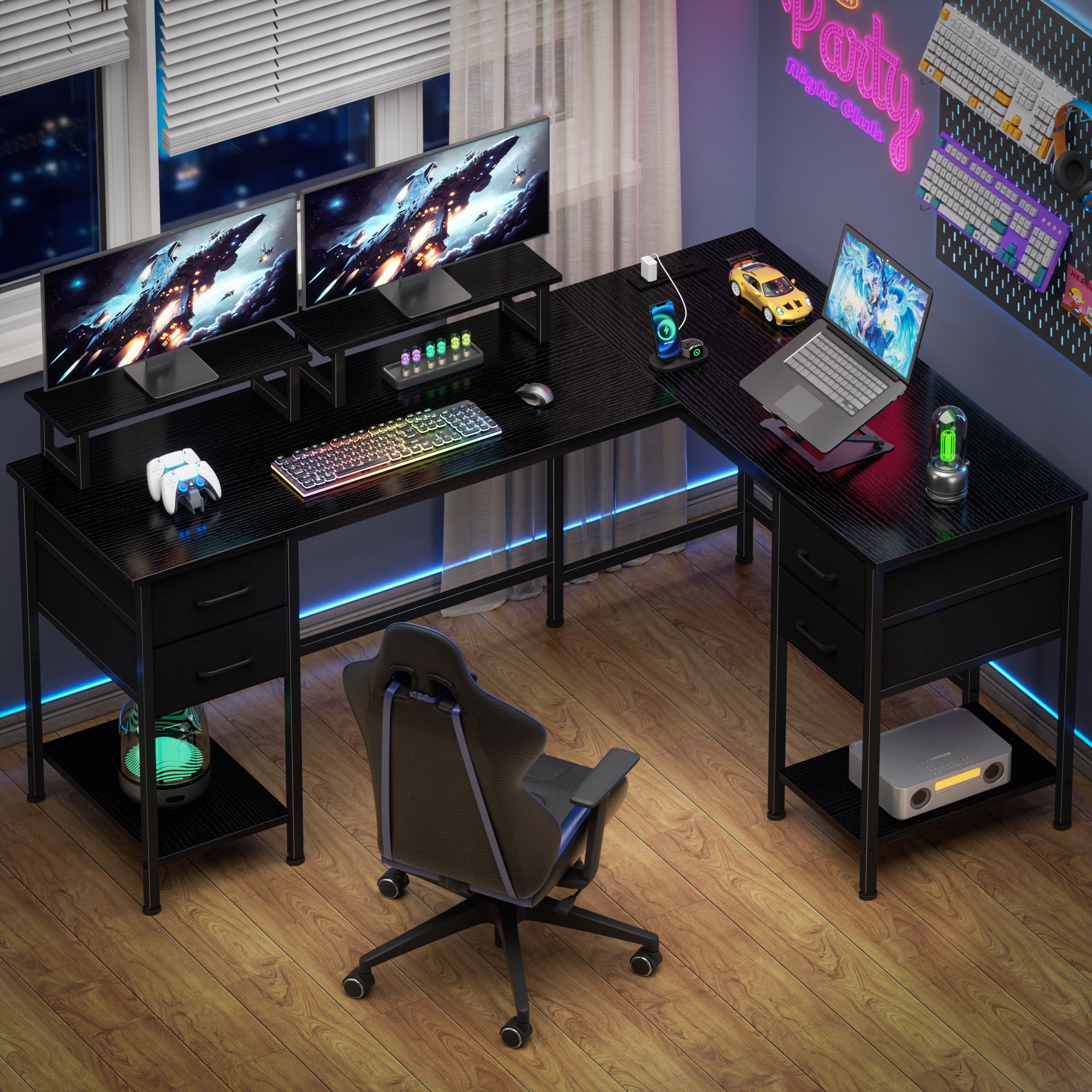 Qwatto 59 Inch Black L Shaped Computer Desk with Charging Station Two Person Gaming Desk 4 Drawers 2 Monitor Stands Home Office Corner Workstation