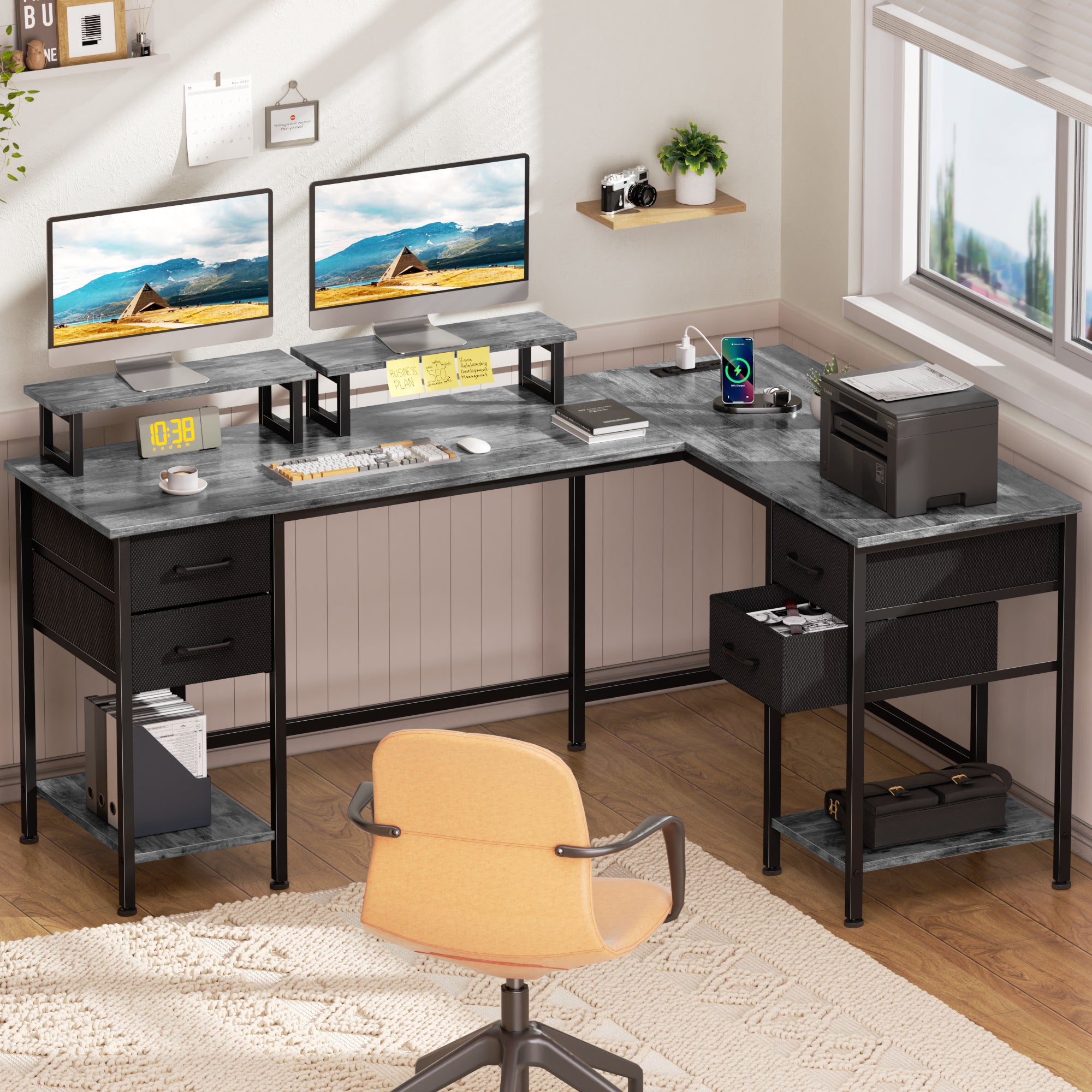 Qwatto 59 Inch Grey L Shaped Computer Desk with Charging Station Two Person Gaming Desk 4 Drawers 2 Monitor Stands Home Office Corner Workstation
