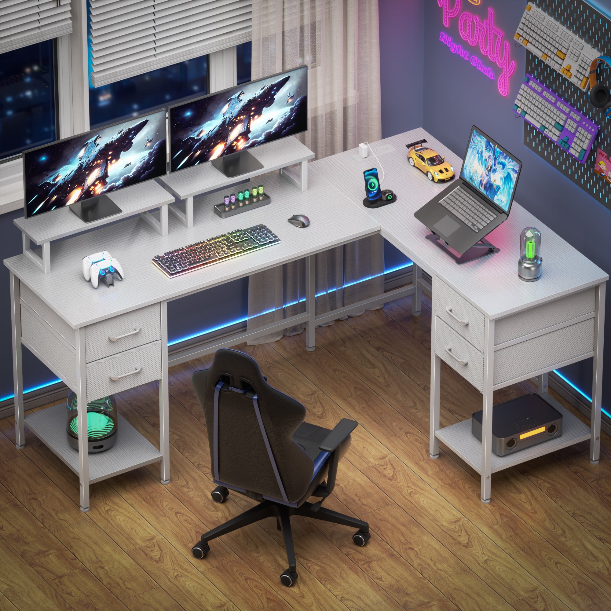 Qwatto 59 Inch White L Shaped Computer Desk with Charging Station Two Person Gaming Desk 4 Drawers 2 Monitor Stands Home Office Corner Workstation