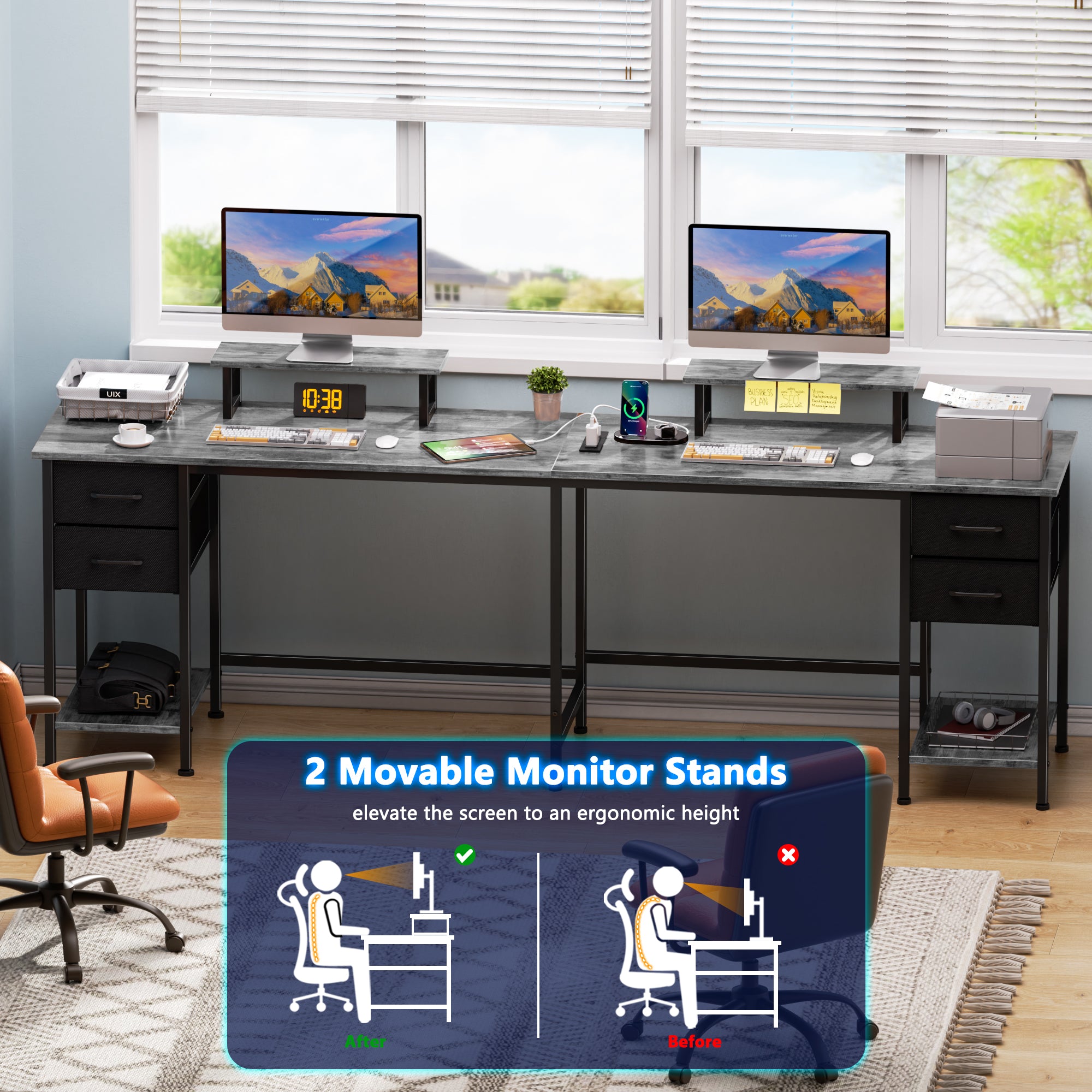 Qwatto 59 Inch Grey L Shaped Computer Desk with Charging Station Two Person Gaming Desk 4 Drawers 2 Monitor Stands Home Office Corner Workstation