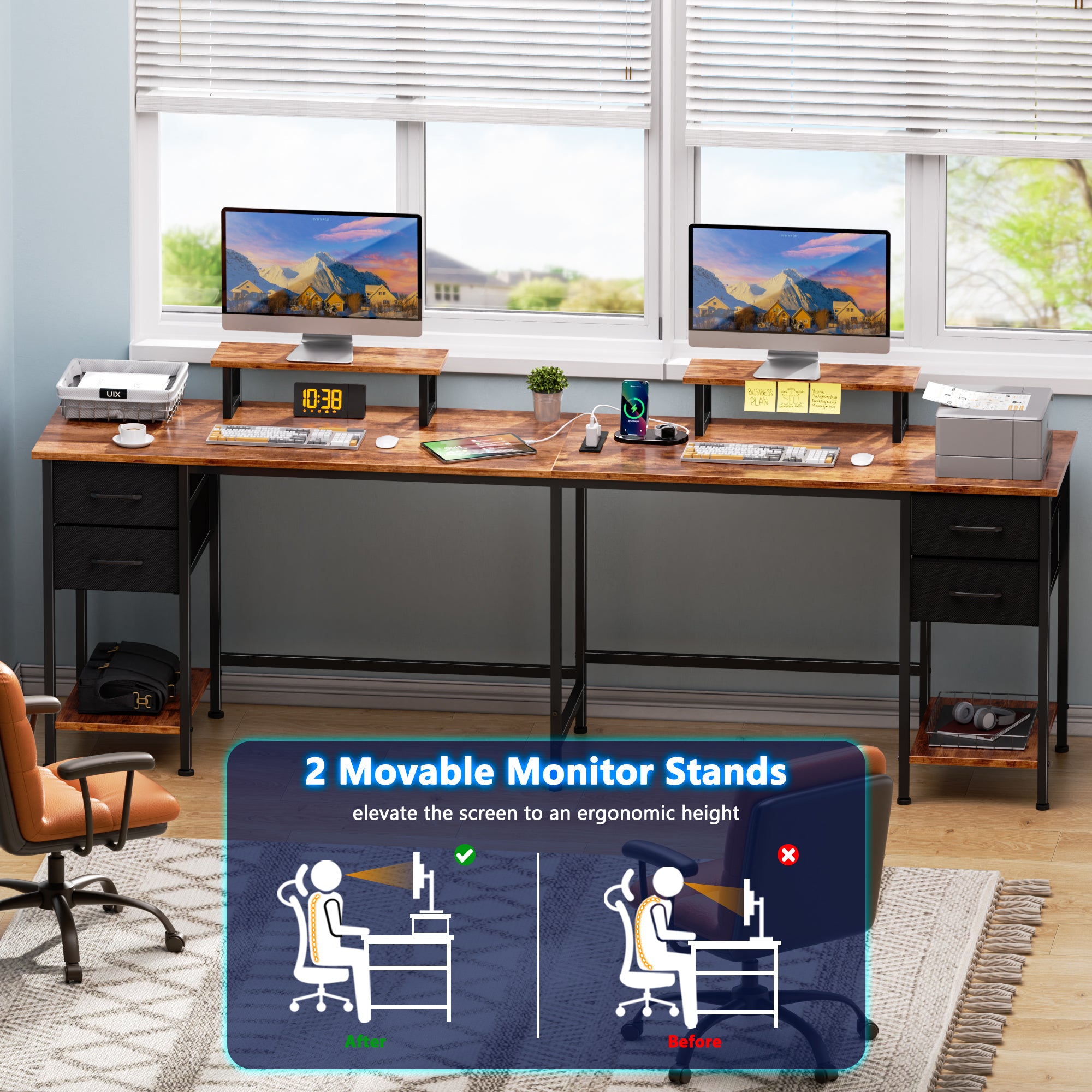 59 Inch Rustic Brown L Shaped Computer Desk with Charging Station Two Person Gaming Desk 4 Drawers 2 Monitor Stands Home Office Corner Workstation