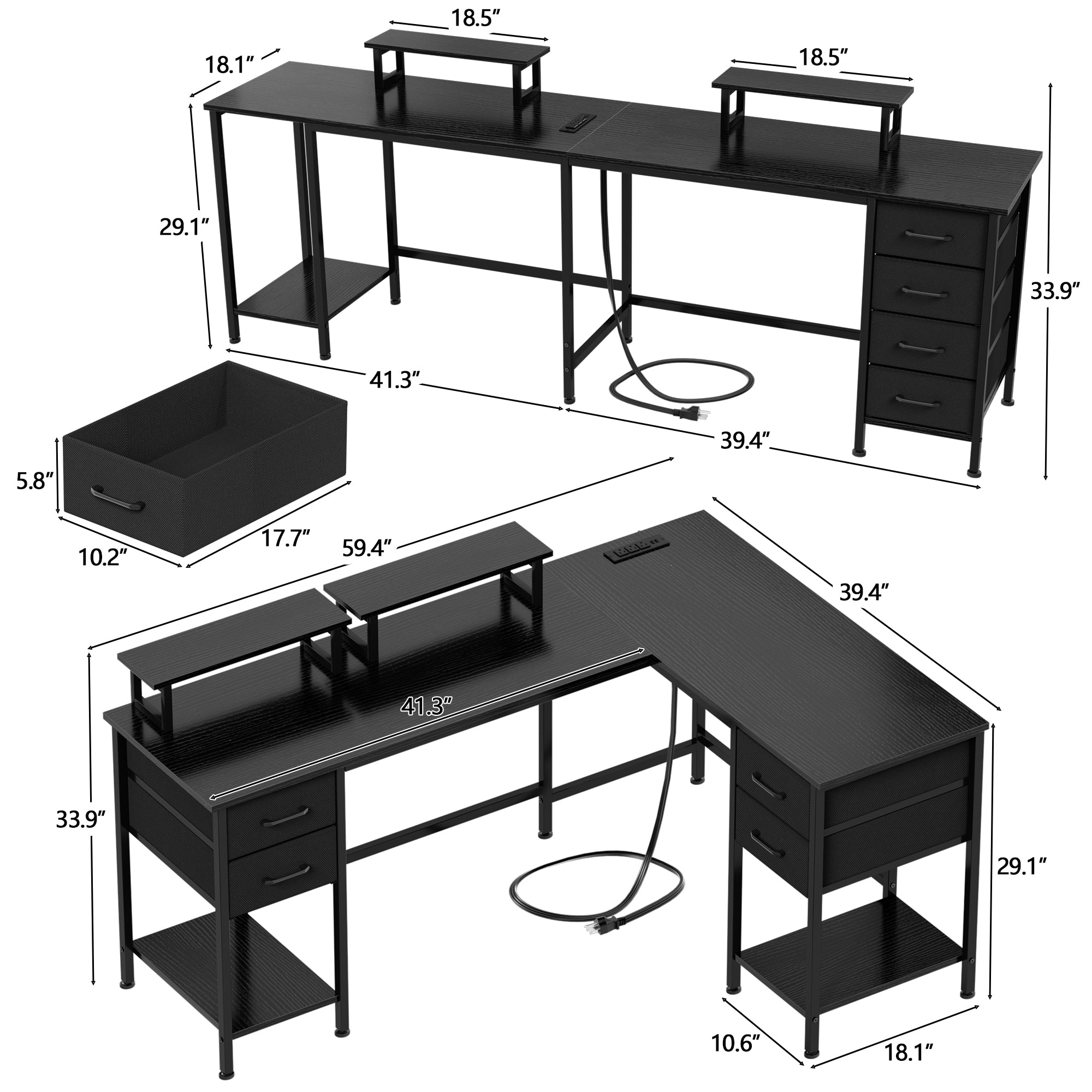 Qwatto 59 Inch Black L Shaped Computer Desk with Charging Station Two Person Gaming Desk 4 Drawers 2 Monitor Stands Home Office Corner Workstation