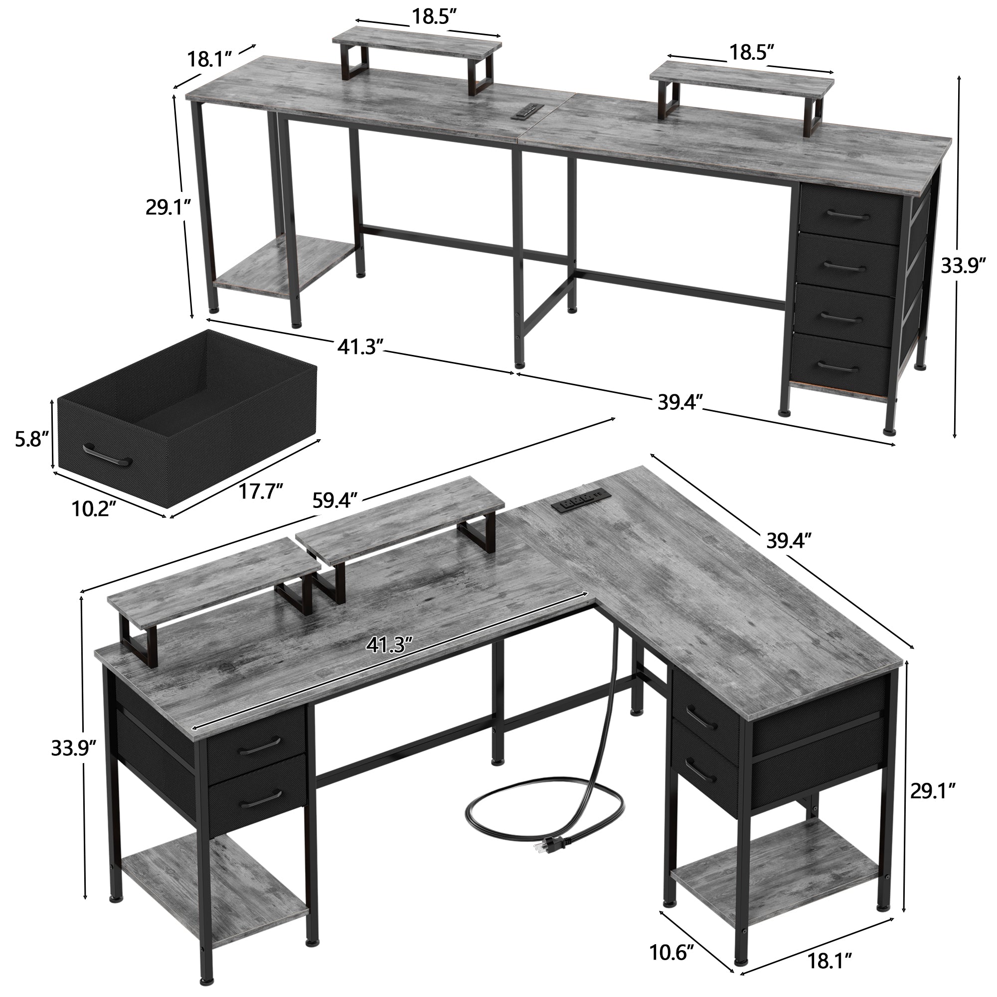 Qwatto 59 Inch Grey L Shaped Computer Desk with Charging Station Two Person Gaming Desk 4 Drawers 2 Monitor Stands Home Office Corner Workstation