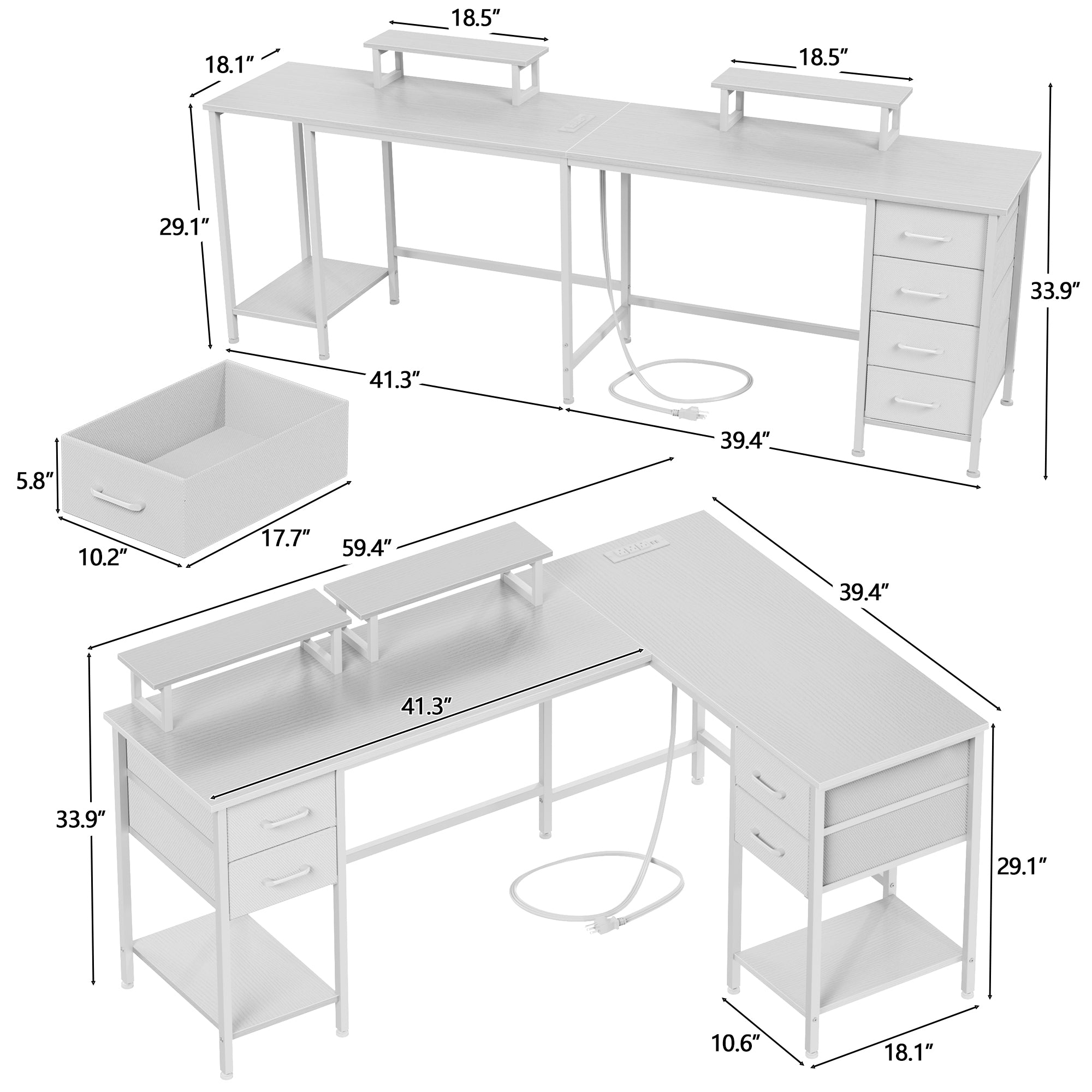 Qwatto 59 Inch White L Shaped Computer Desk with Charging Station Two Person Gaming Desk 4 Drawers 2 Monitor Stands Home Office Corner Workstation