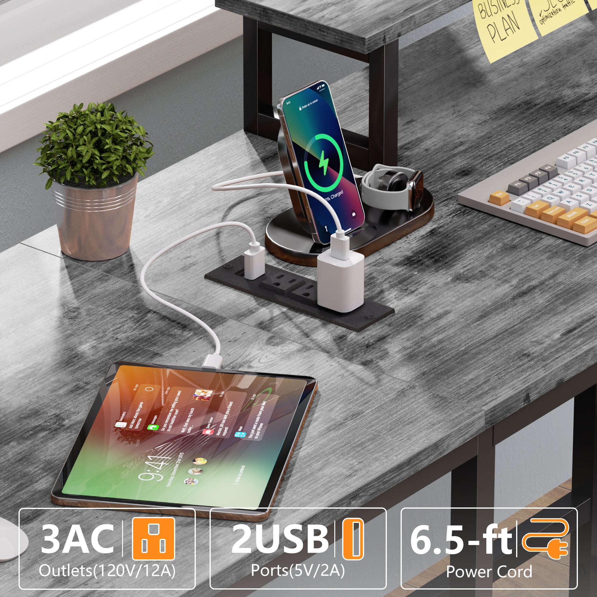 Qwatto 59 Inch Grey L Shaped Computer Desk with Charging Station Two Person Gaming Desk 4 Drawers 2 Monitor Stands Home Office Corner Workstation