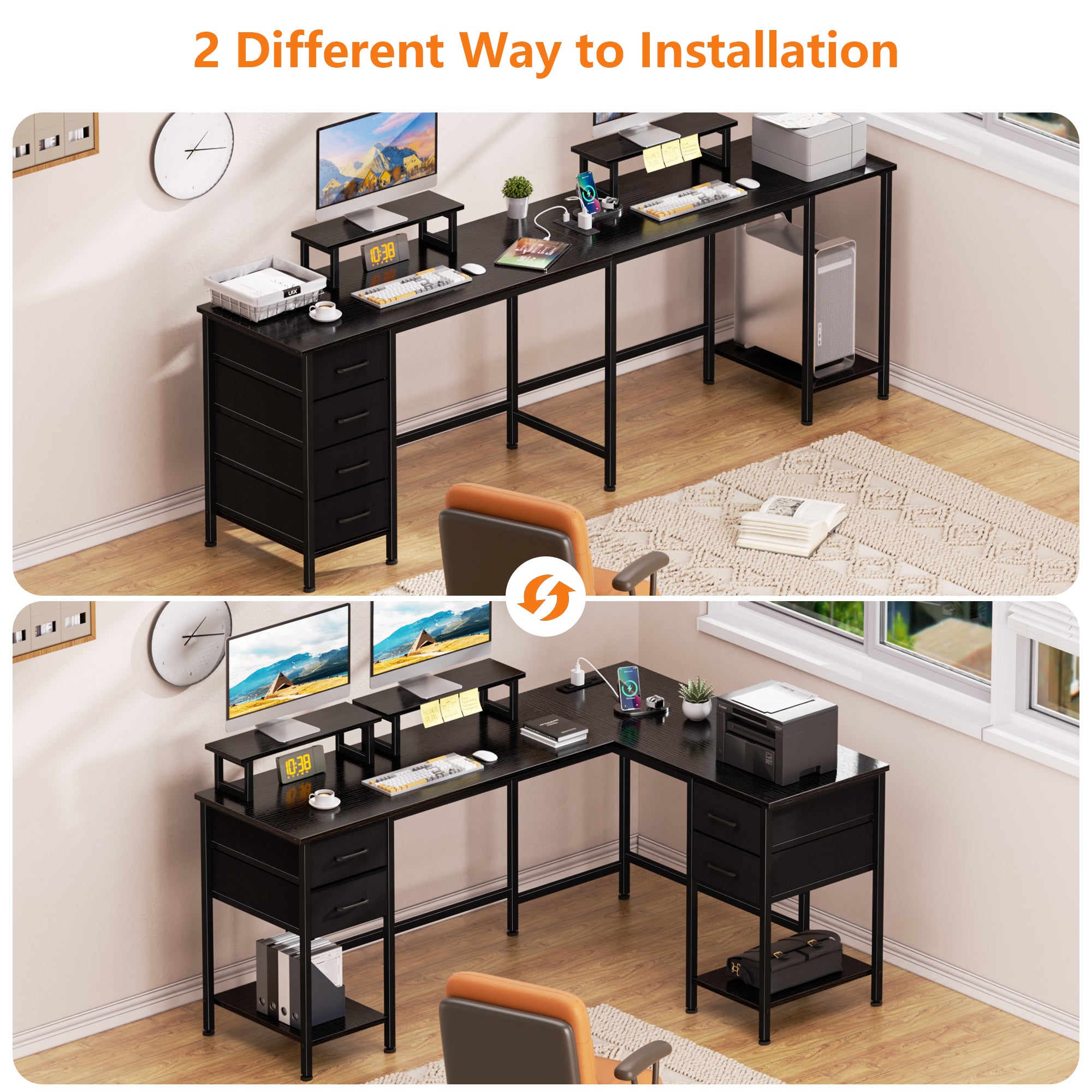 Qwatto 59 Inch Black L Shaped Computer Desk with Charging Station Two Person Gaming Desk 4 Drawers 2 Monitor Stands Home Office Corner Workstation