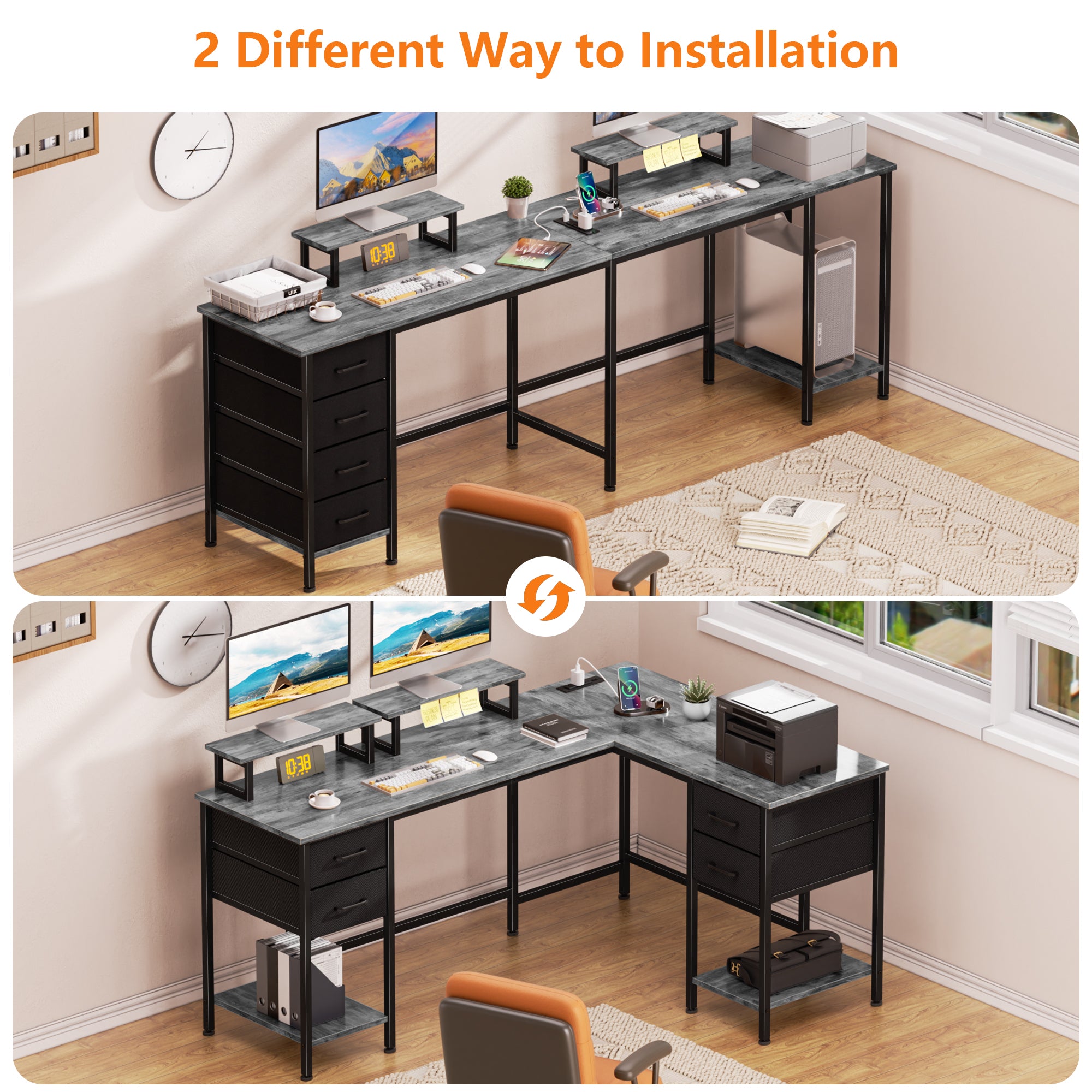 Qwatto 59 Inch Grey L Shaped Computer Desk with Charging Station Two Person Gaming Desk 4 Drawers 2 Monitor Stands Home Office Corner Workstation