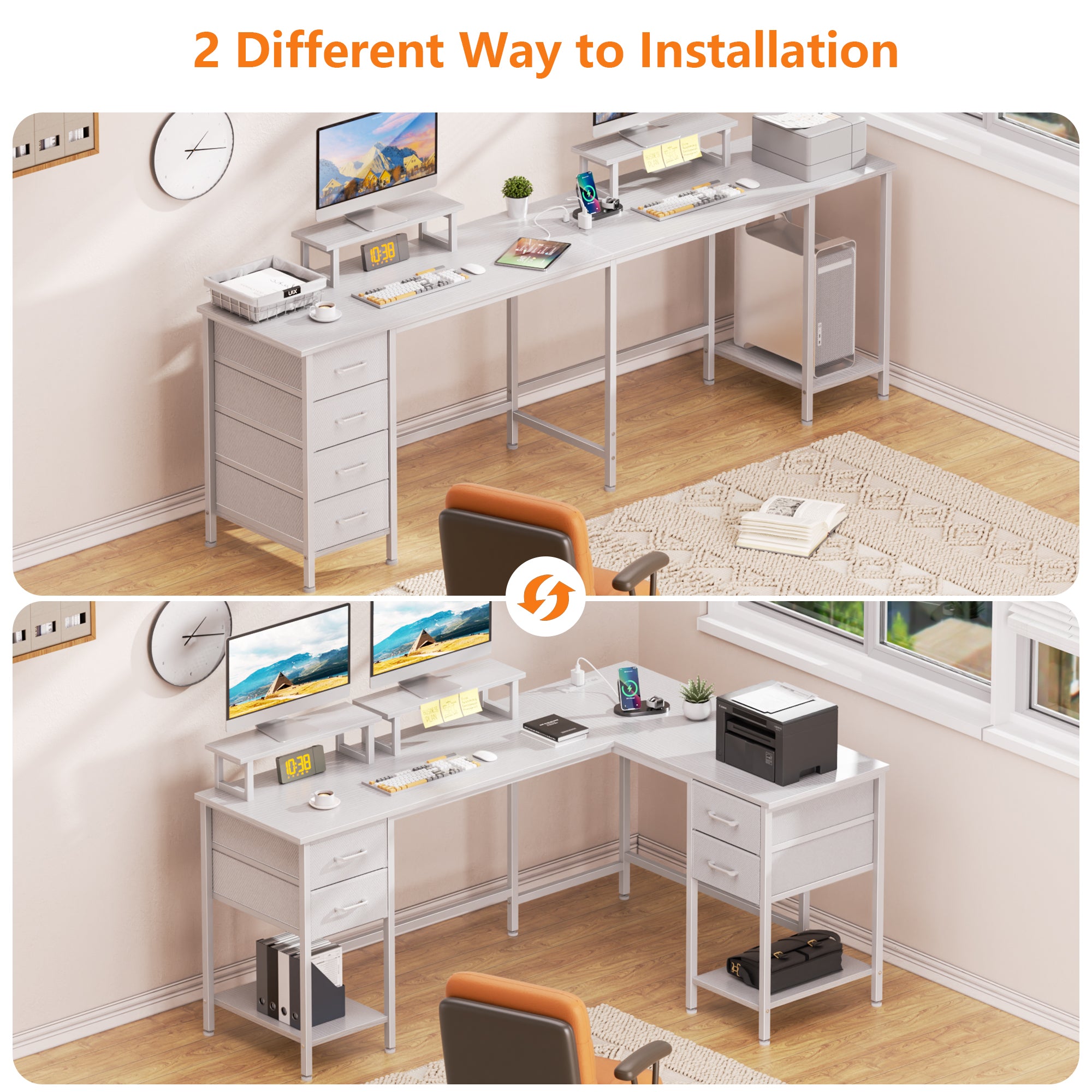 Qwatto 59 Inch White L Shaped Computer Desk with Charging Station Two Person Gaming Desk 4 Drawers 2 Monitor Stands Home Office Corner Workstation
