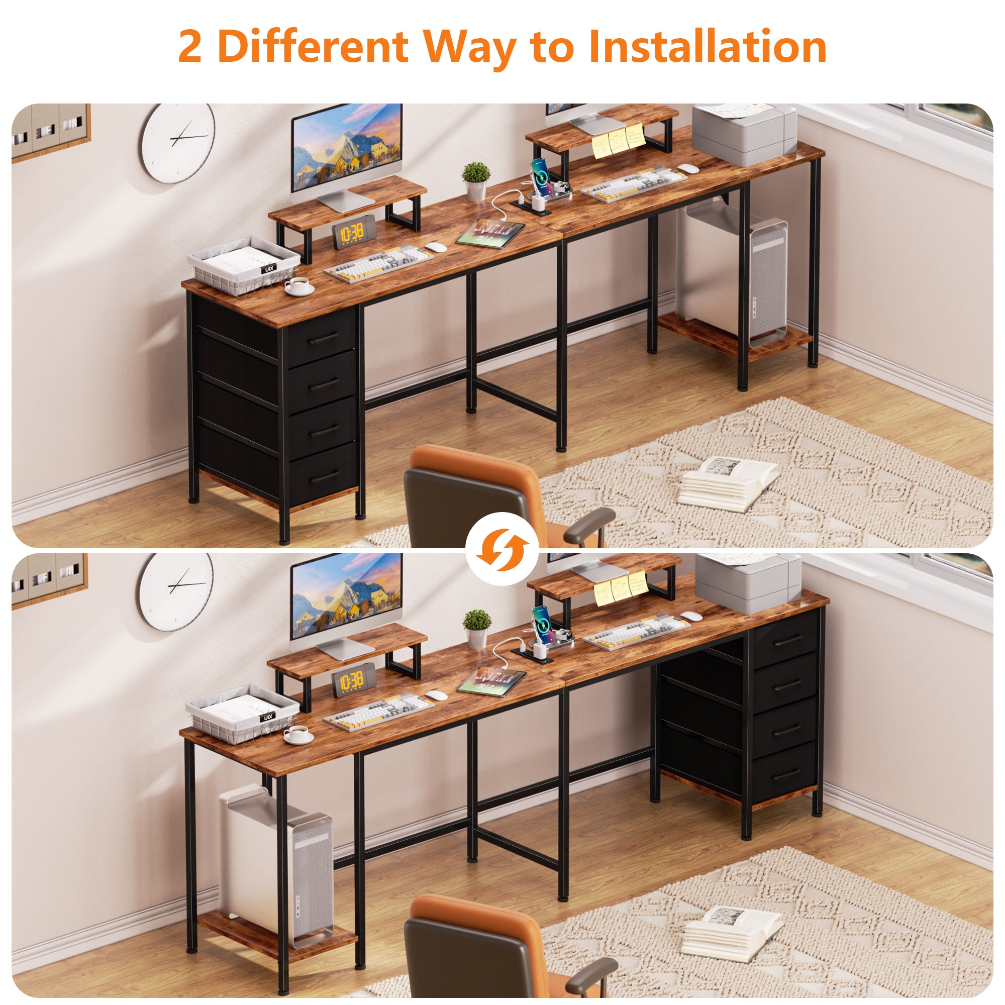 59 Inch Rustic Brown L Shaped Computer Desk with Charging Station Two Person Gaming Desk 4 Drawers 2 Monitor Stands Home Office Corner Workstation