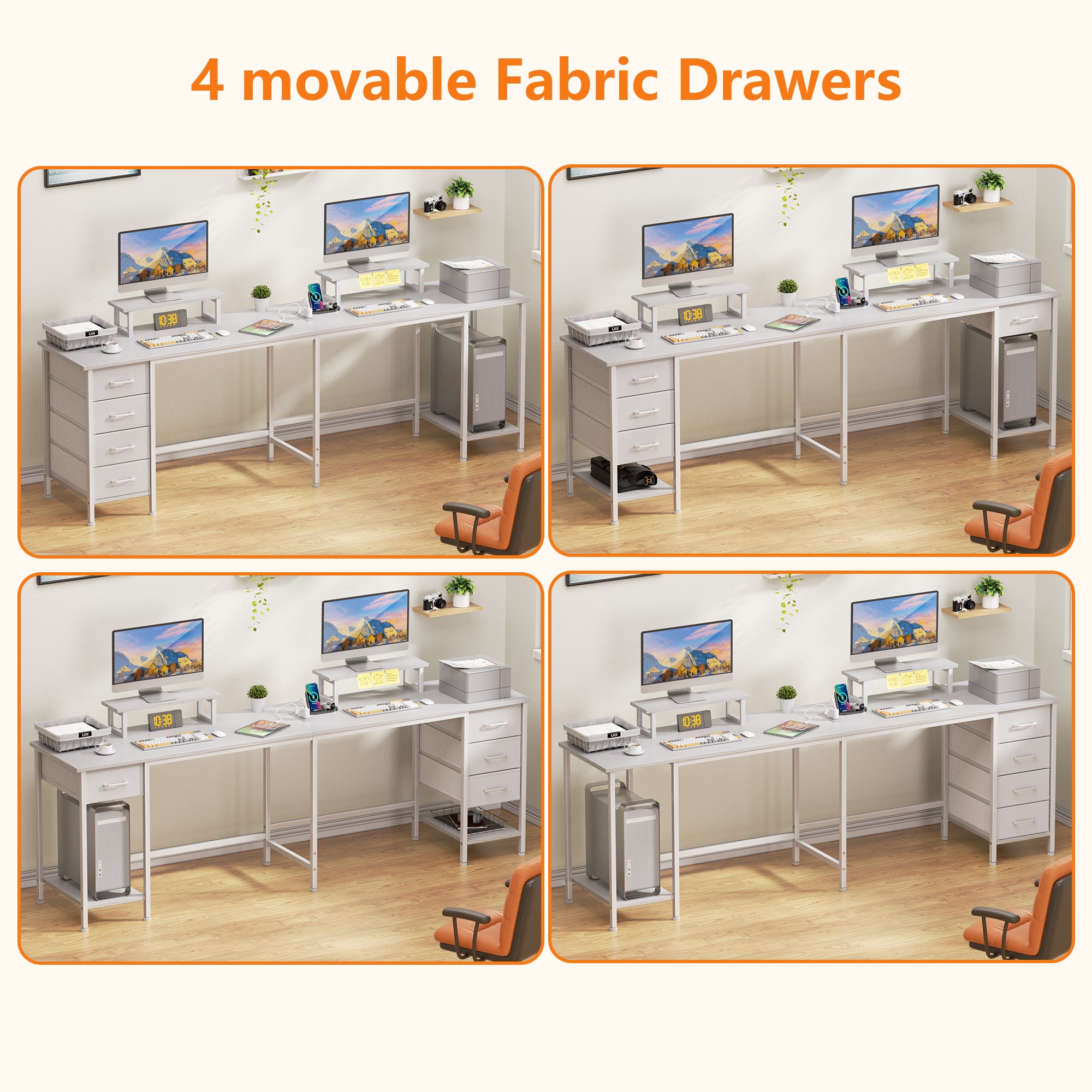 Qwatto 59 Inch White L Shaped Computer Desk with Charging Station Two Person Gaming Desk 4 Drawers 2 Monitor Stands Home Office Corner Workstation
