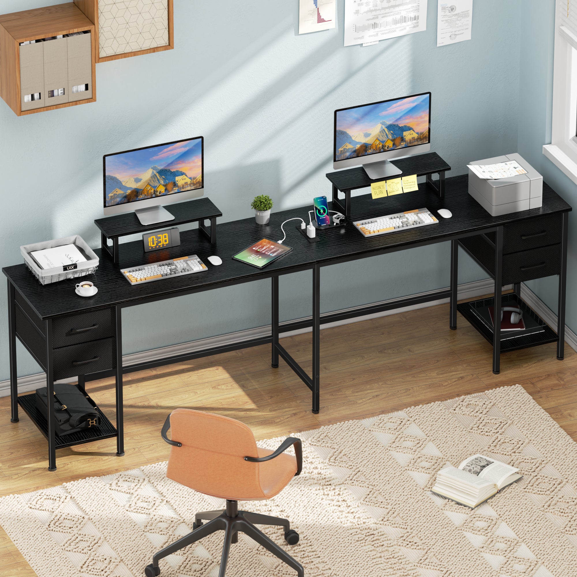 66 Inch Black L Shaped Computer Desk with Charging Station 94.4 Inch Long Two Person Gaming Desk 4 Drawers 2 Monitor Stands Home Office Storage