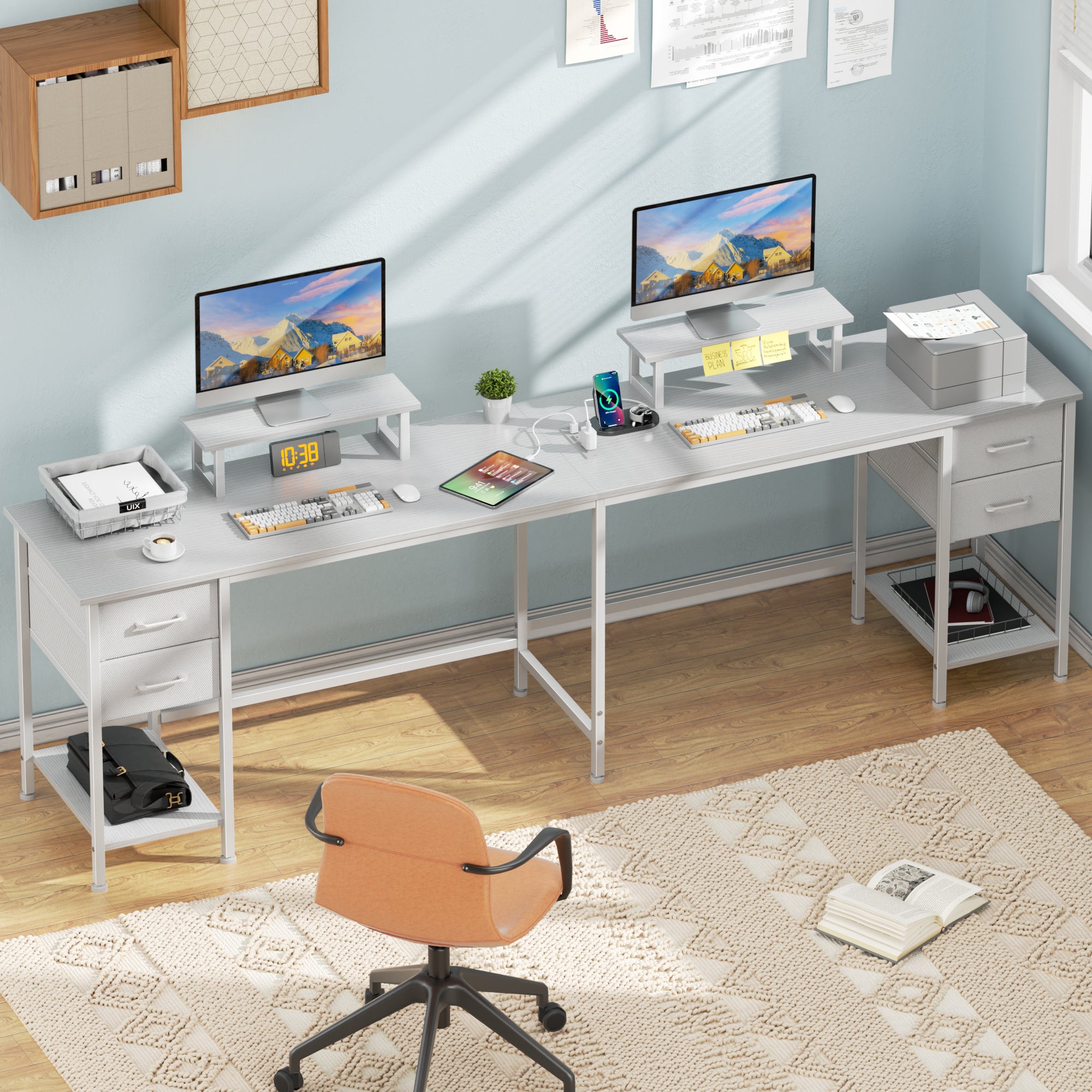 66 Inch White L Shaped Computer Desk with Charging Station 94.4 Inch Long Two Person Gaming Desk 4 Drawers 2 Monitor Stands Home Office Storage