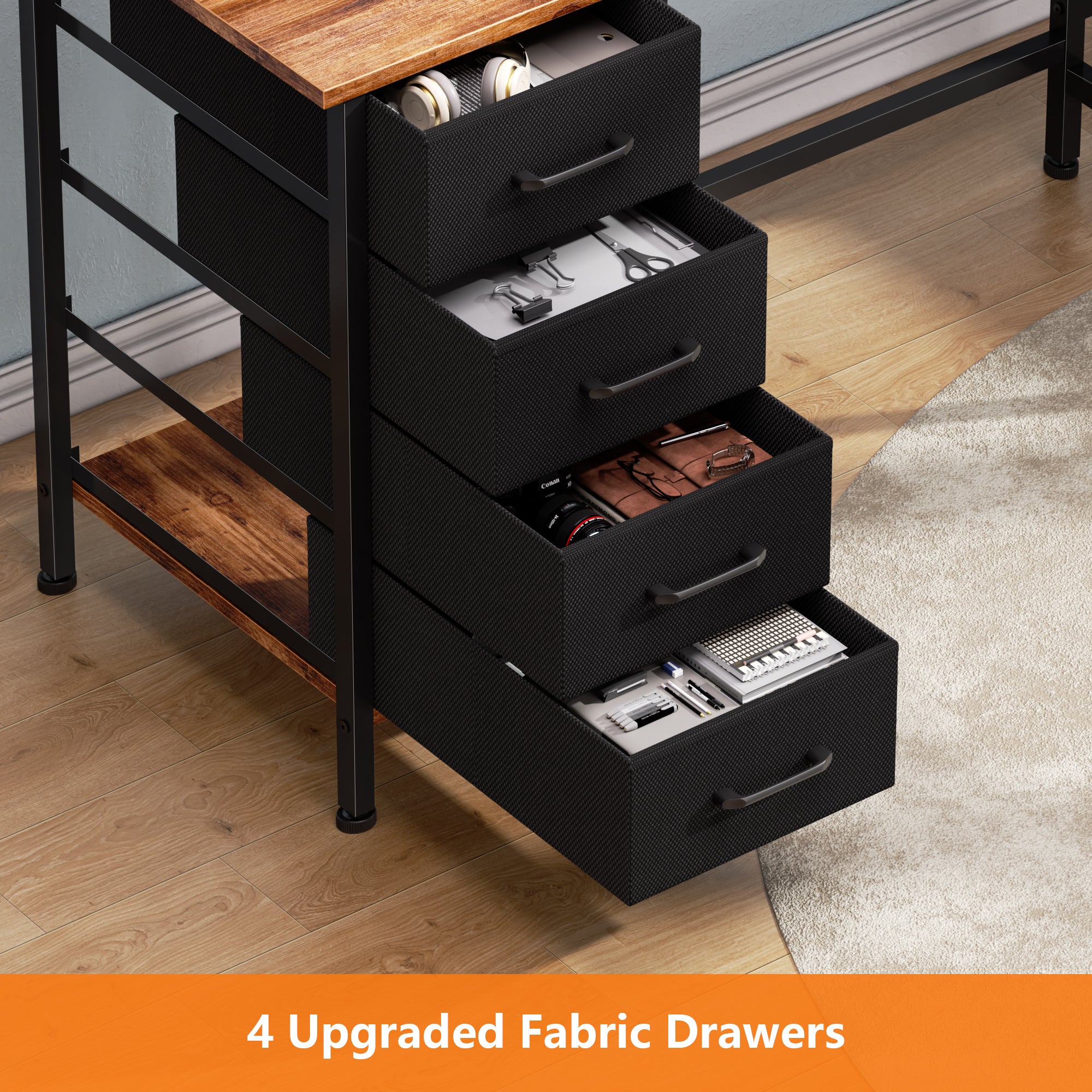 66 Inch Brown L Shaped Computer Desk with Charging Station 94.4 Inch Long Two Person Gaming Desk 4 Drawers 2 Monitor Stands Home Office Storage