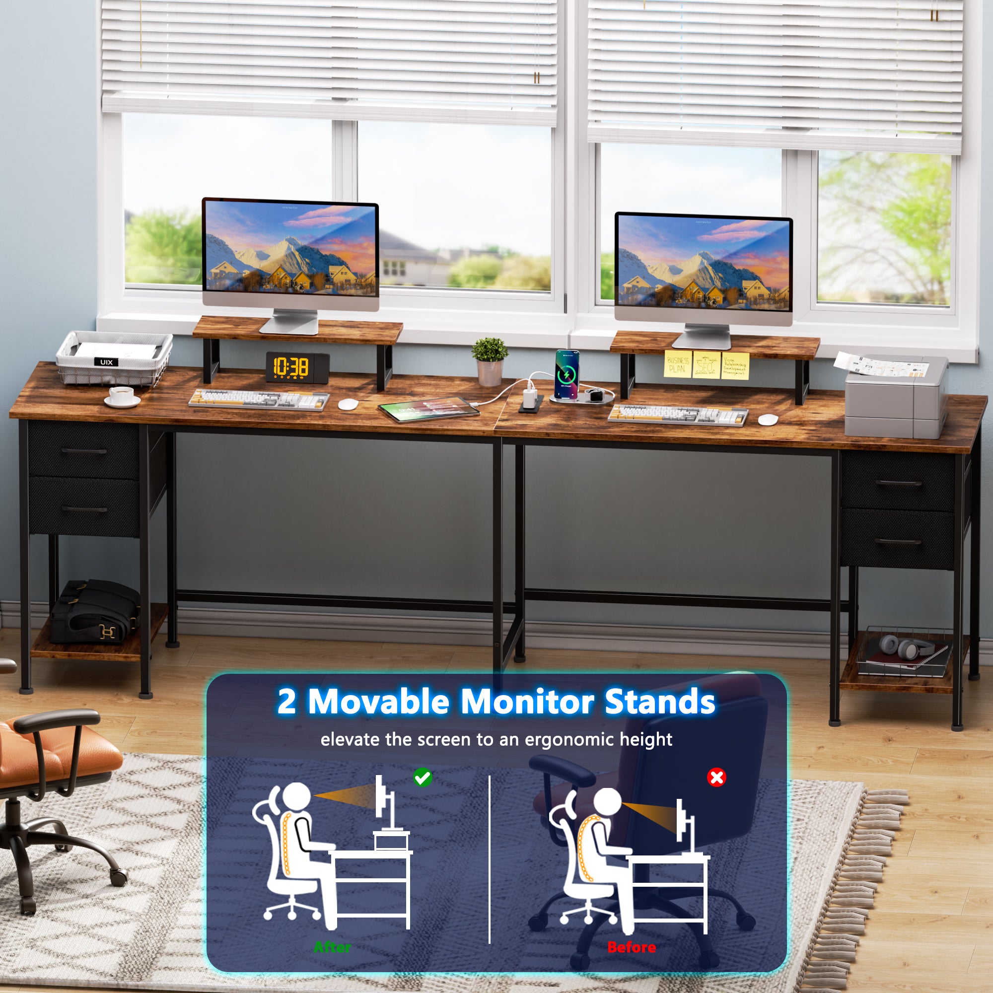 66 Inch Brown L Shaped Computer Desk with Charging Station 94.4 Inch Long Two Person Gaming Desk 4 Drawers 2 Monitor Stands Home Office Storage