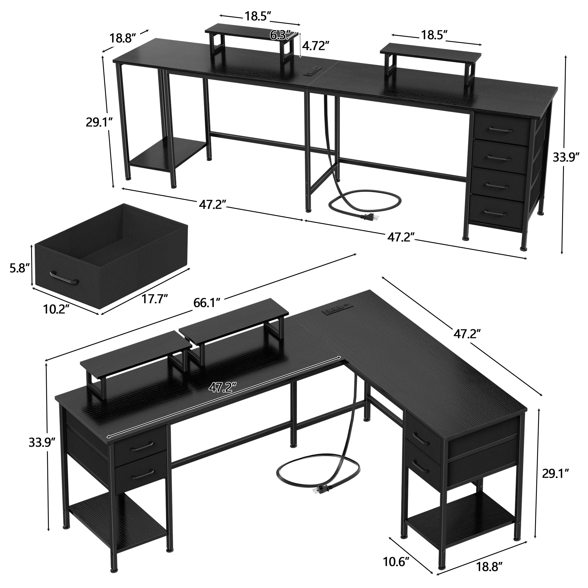 66 Inch Black L Shaped Computer Desk with Charging Station 94.4 Inch Long Two Person Gaming Desk 4 Drawers 2 Monitor Stands Home Office Storage