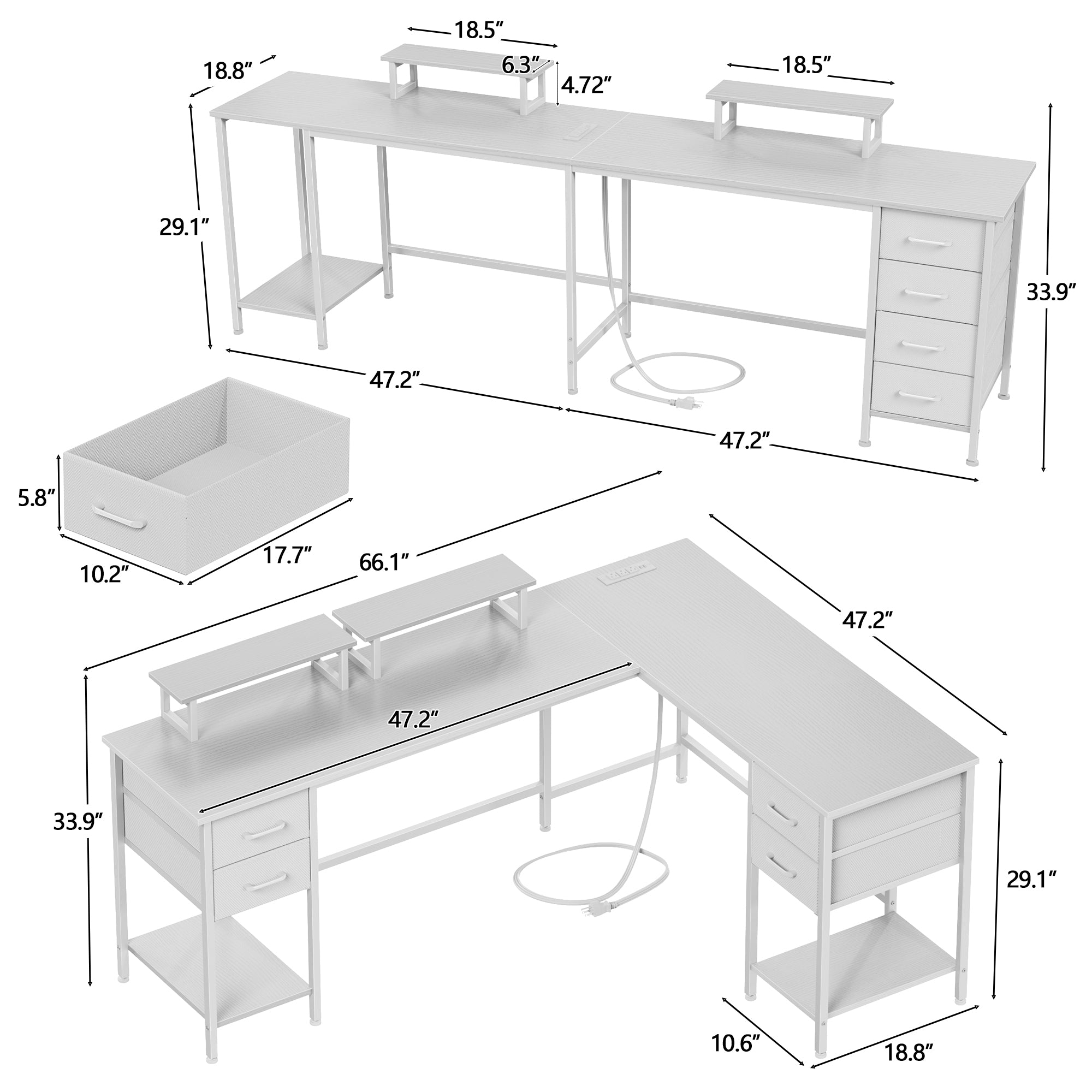66 Inch White L Shaped Computer Desk with Charging Station 94.4 Inch Long Two Person Gaming Desk 4 Drawers 2 Monitor Stands Home Office Storage