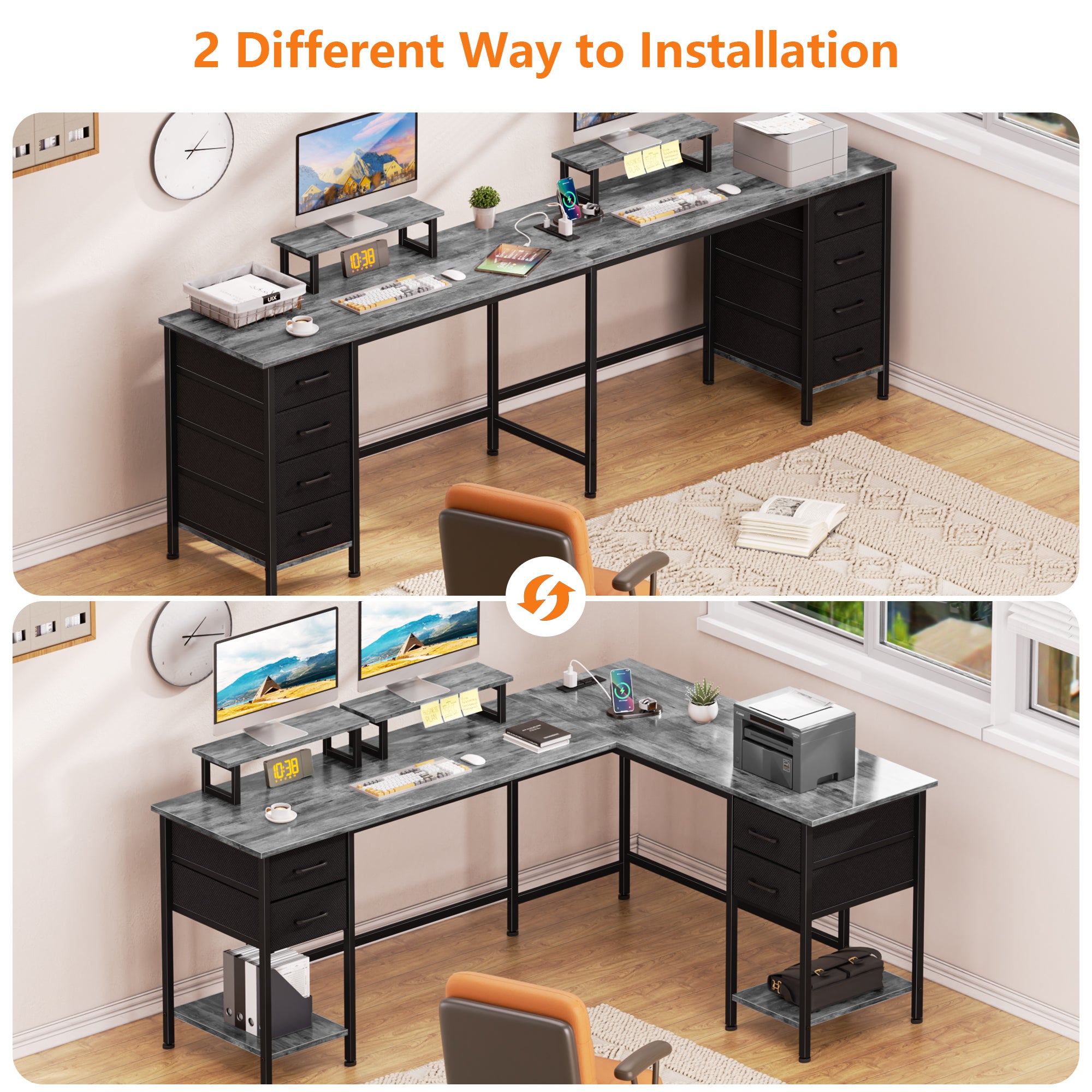 66 Inch Grey L Shaped Computer Desk with Charging Station 94.4 Inch Long Two Person Gaming Desk 4 Drawers 2 Monitor Stands Home Office Storage