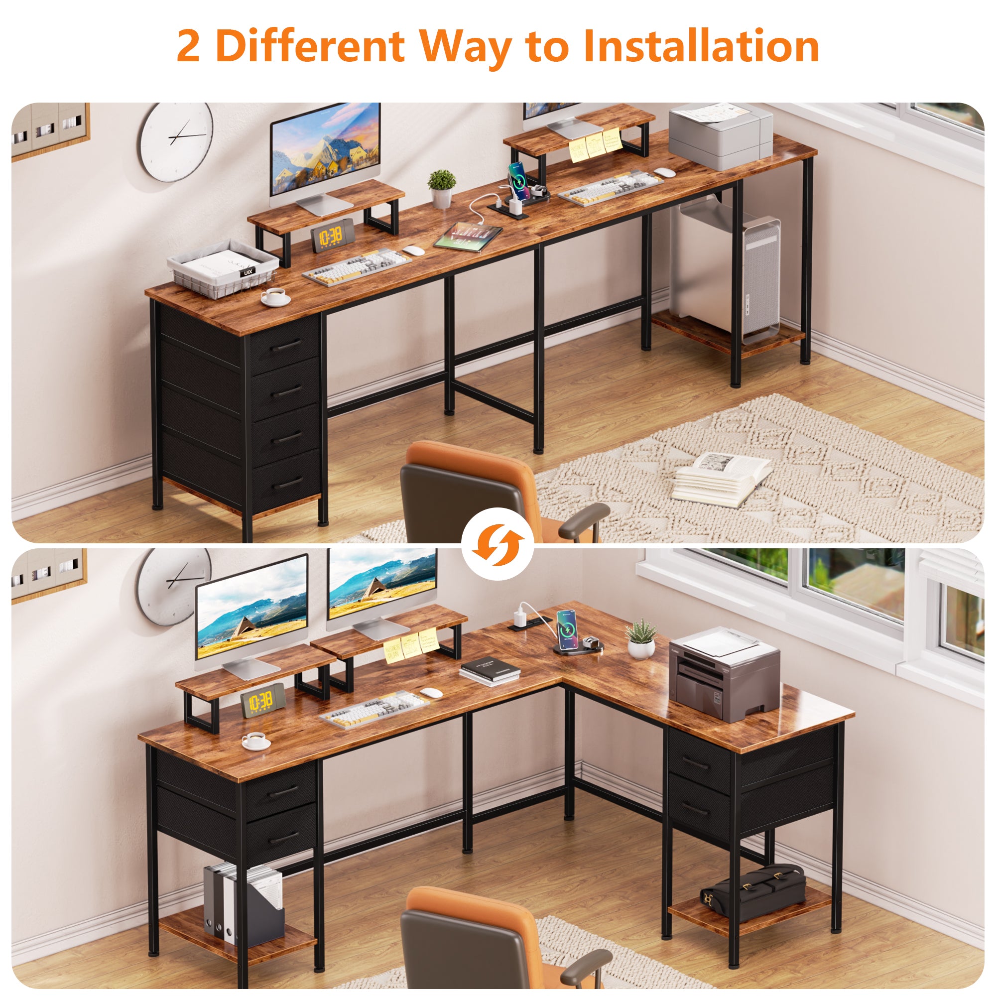 66 Inch Brown L Shaped Computer Desk with Charging Station 94.4 Inch Long Two Person Gaming Desk 4 Drawers 2 Monitor Stands Home Office Storage