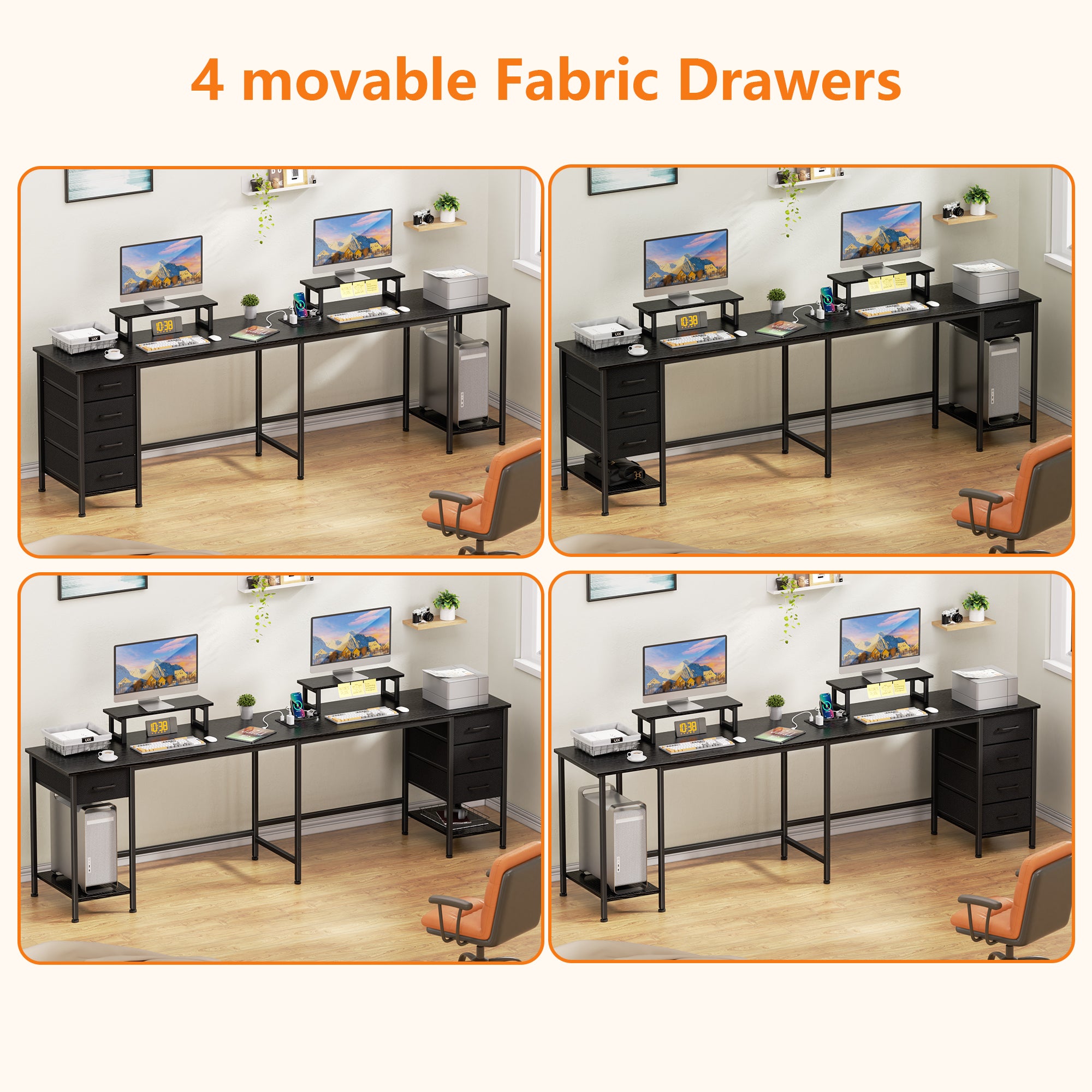 66 Inch Black L Shaped Computer Desk with Charging Station 94.4 Inch Long Two Person Gaming Desk 4 Drawers 2 Monitor Stands Home Office Storage