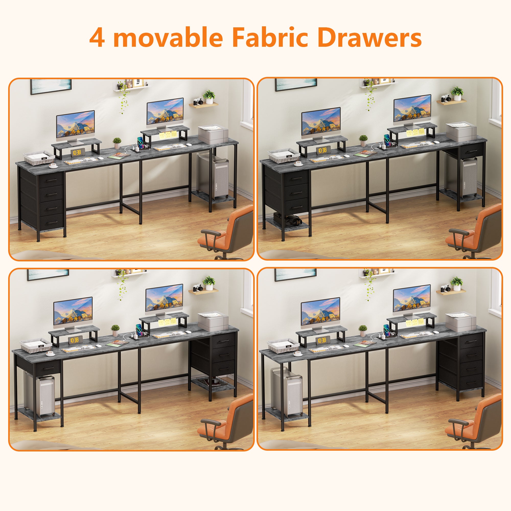 66 Inch Grey L Shaped Computer Desk with Charging Station 94.4 Inch Long Two Person Gaming Desk 4 Drawers 2 Monitor Stands Home Office Storage