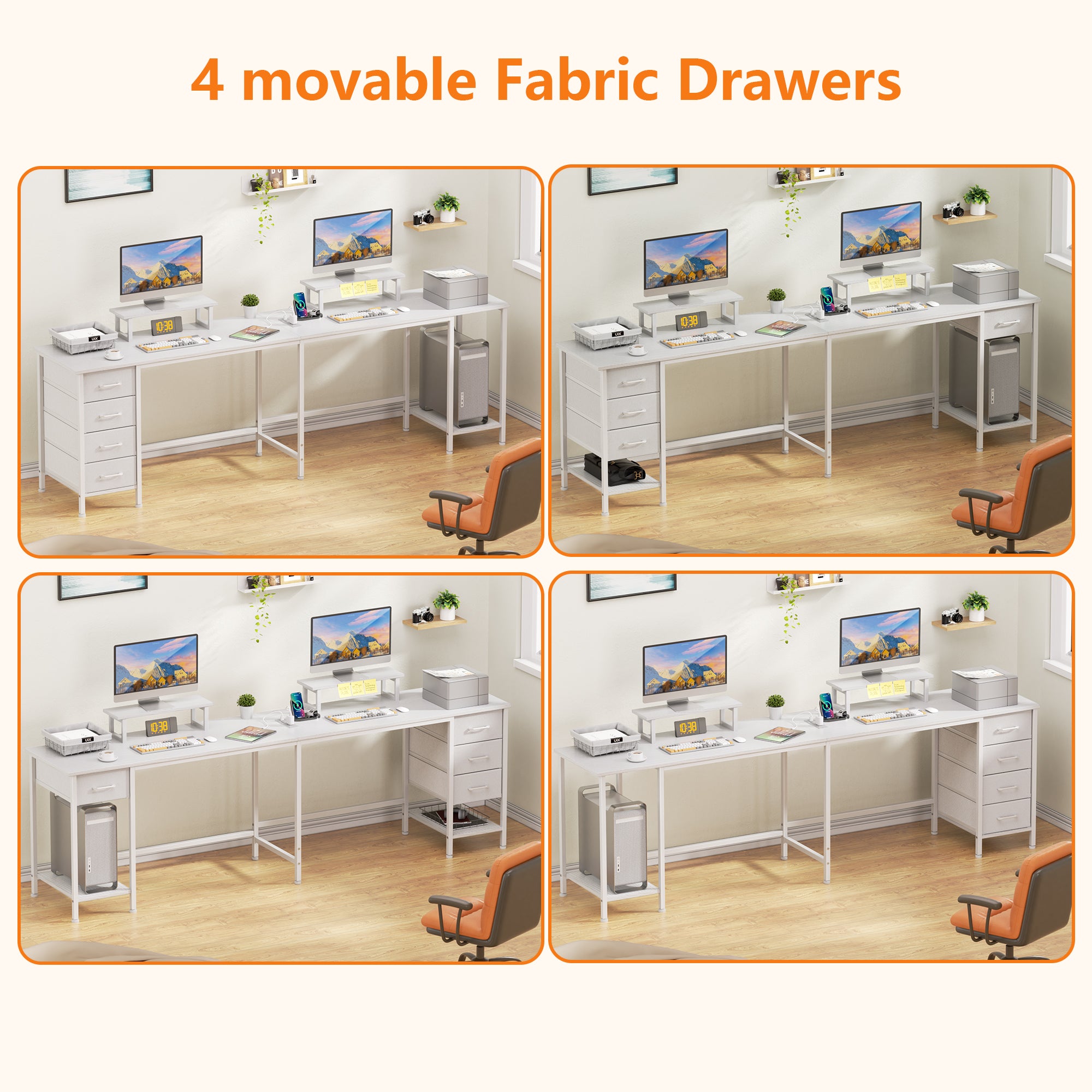 66 Inch White L Shaped Computer Desk with Charging Station 94.4 Inch Long Two Person Gaming Desk 4 Drawers 2 Monitor Stands Home Office Storage
