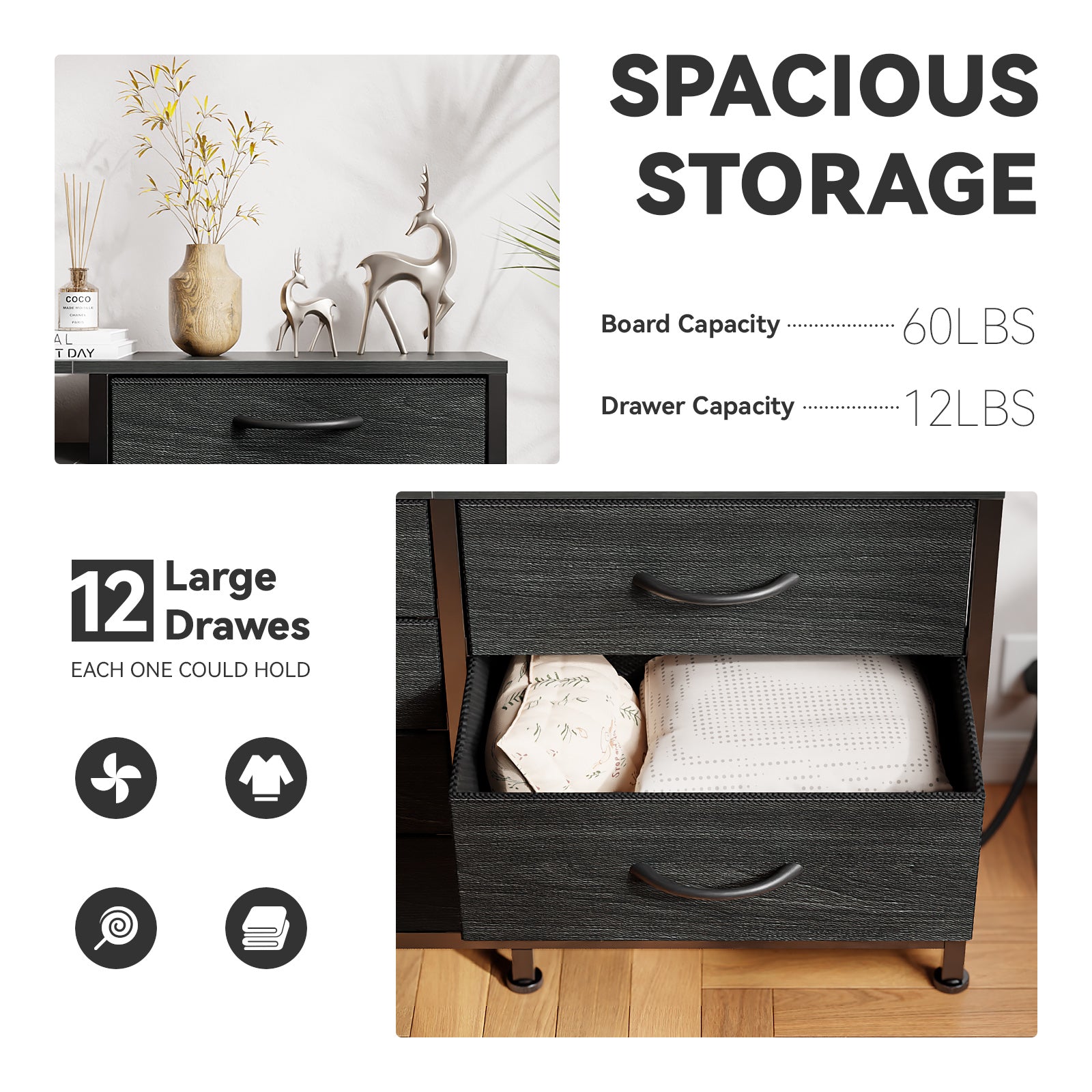 Dresser for Bedroom with LED Lights and Power Outlets 55”W Large 12 Storage Drawers Dresser Long Fabric Chests with 2 Shelves Wooden Top Black