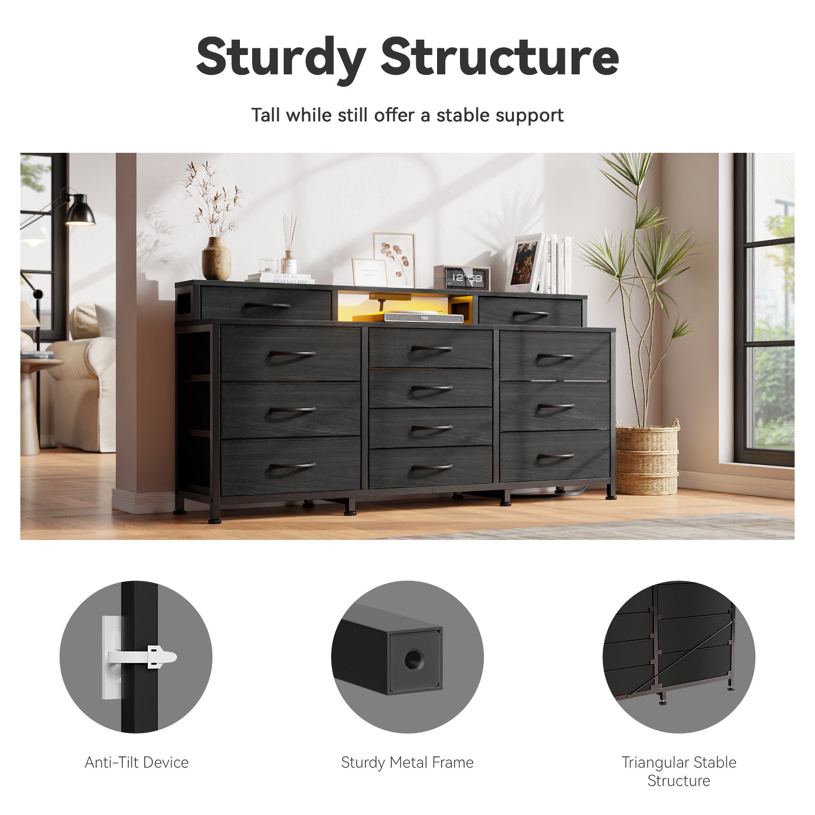 Black Dresser for Bedroom with LED Lights and Power Outlets 55”W Large 12 Storage Drawers Dresser Long Fabric Chests with 2 Shelves Wooden Top