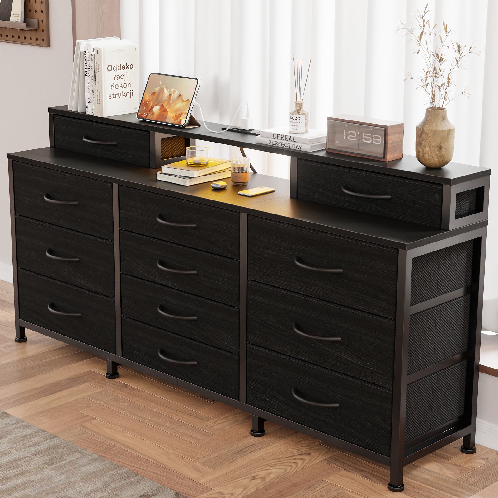55”W Large 12 Storage Drawers Dresser Long Fabric Chests with 2 Shelves Dresser for Bedroom with LED Lights and Power Outlets Wooden Top  Black
