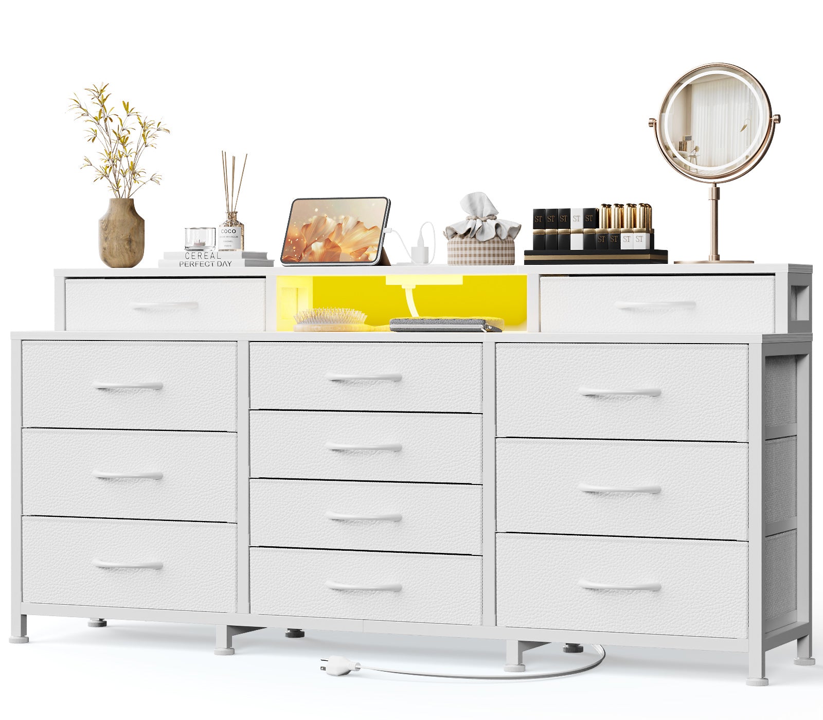 Dresser for Bedroom with LED Lights and Power Outlets 55”W Large 12 Storage Drawers Dresser Long Fabric Chests with 2 Shelves Wooden Top White