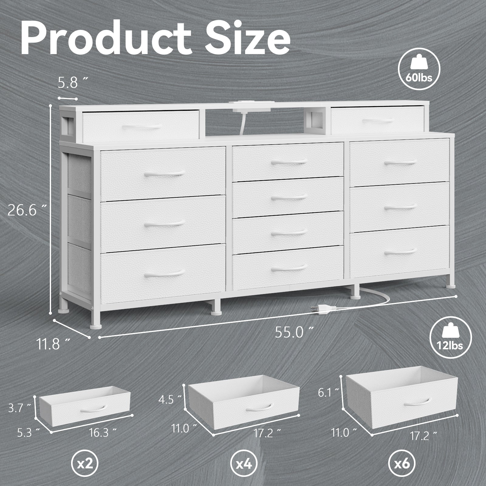 White 12 Drawer Dresser with Charging Station 55 Inch TV Stand for 60 Inch TV LED Lights Media Console Fabric Storage Chest Bedroom Living Room